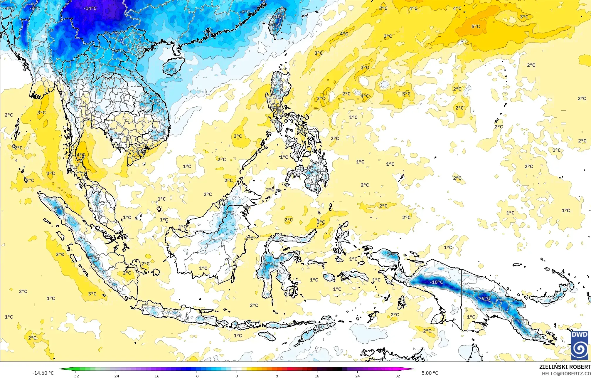 ICON model - Güneydoğu Asya, 850 hPa Sıcaklık Anomalisi
