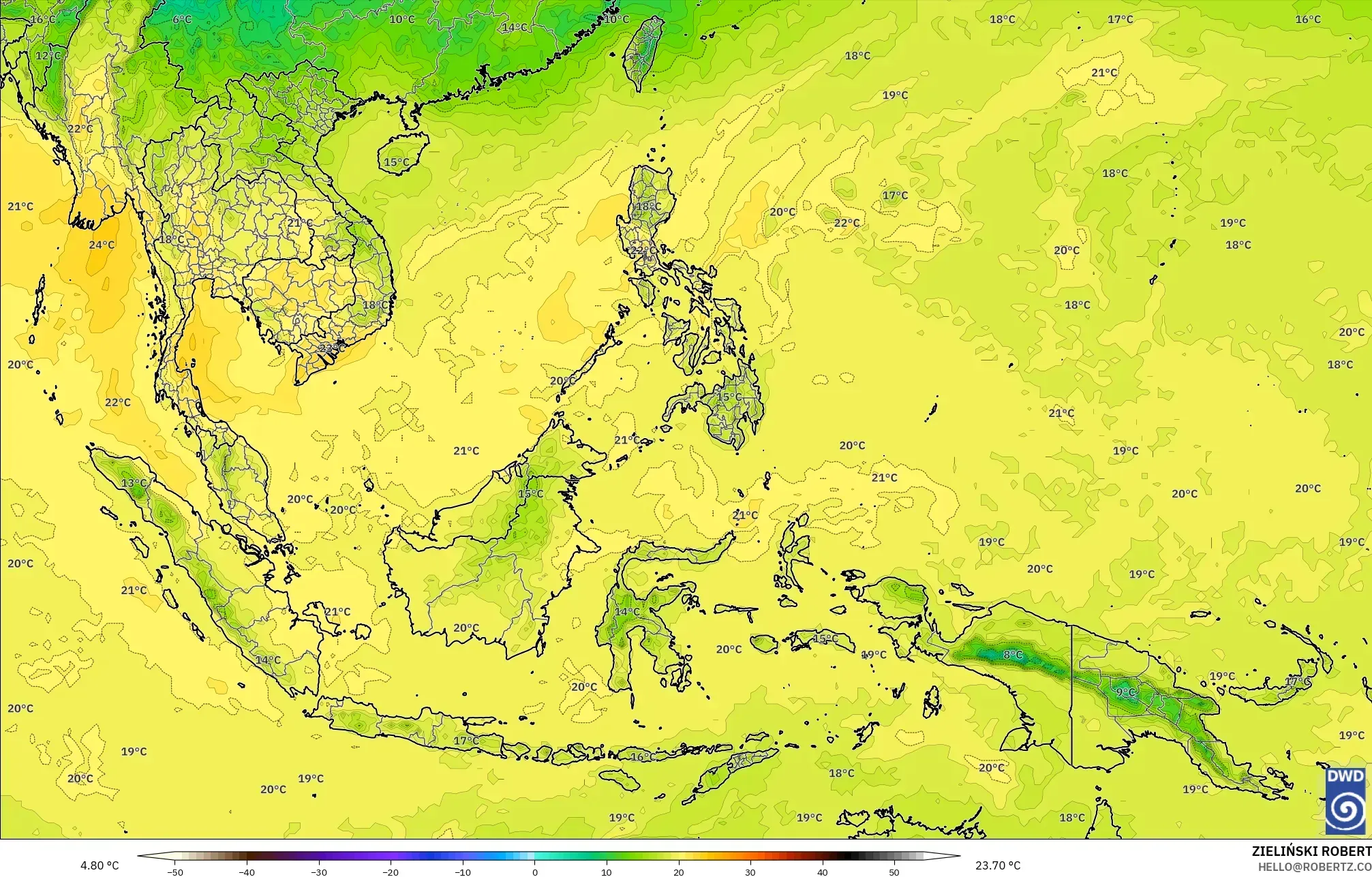 ICON model - Güneydoğu Asya, 850 hPa Sıcaklık