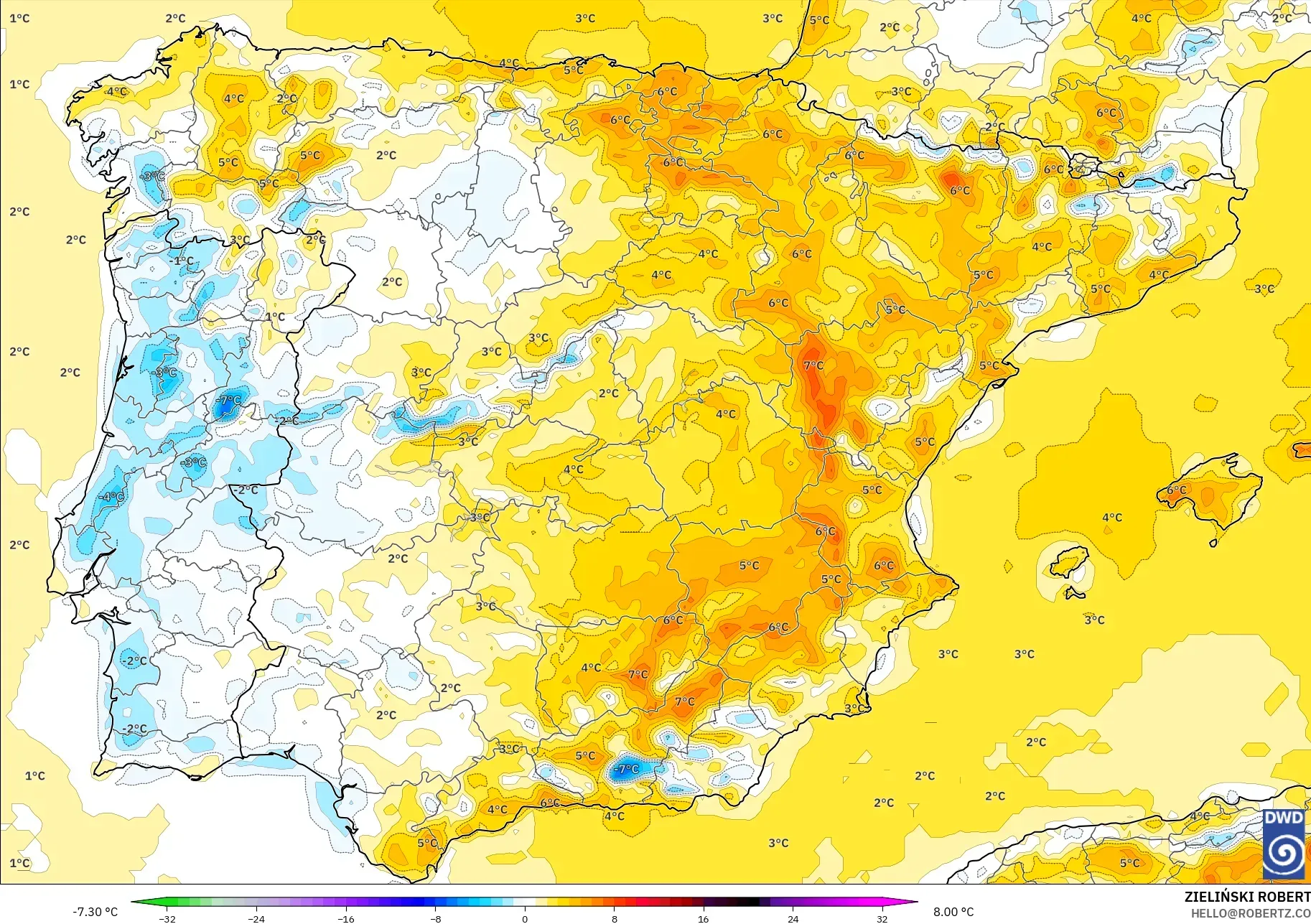 ICON model - İspanya, 2 m Sıcaklık Anomalisi