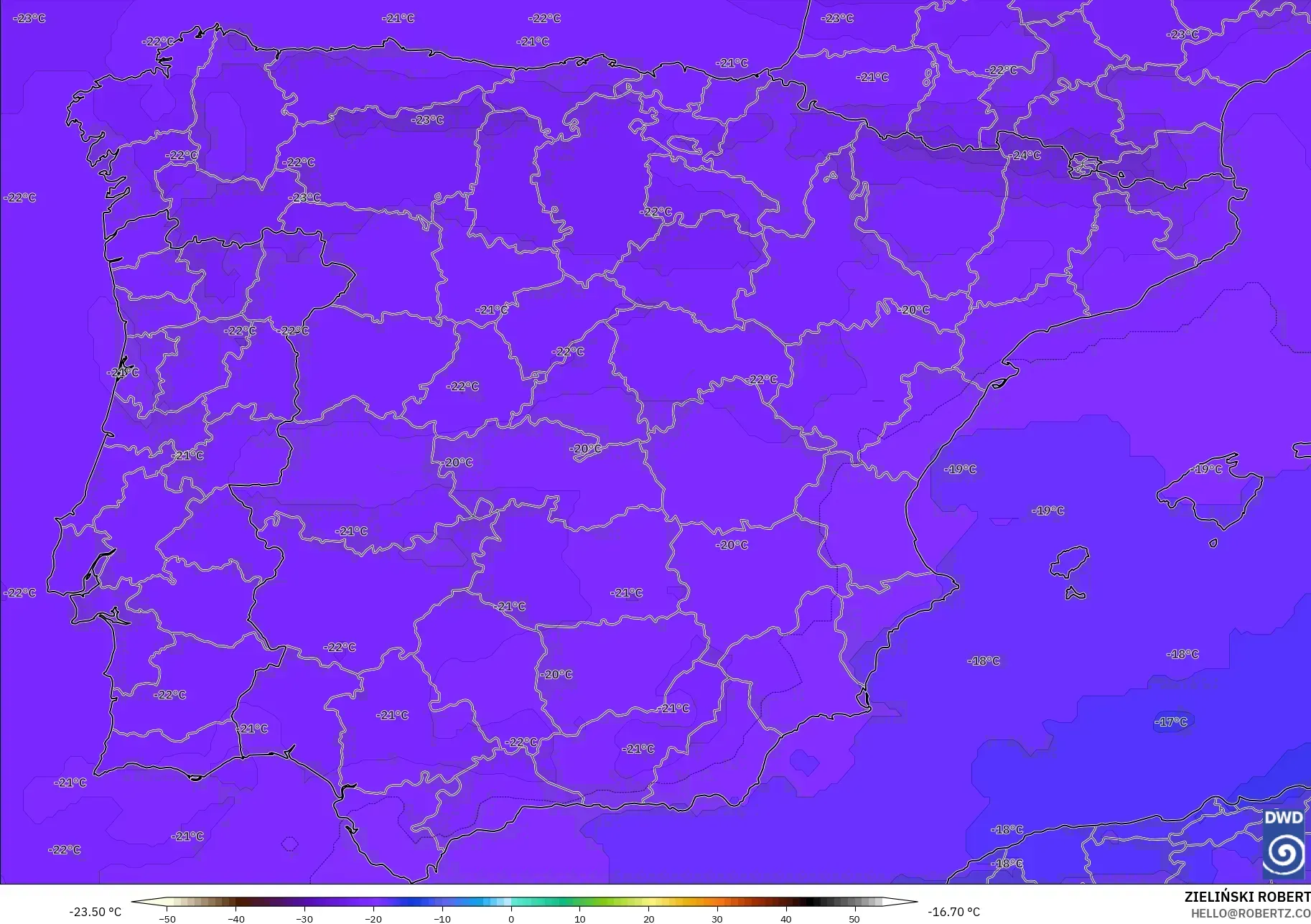 ICON model - İspanya, 500 hPa Sıcaklık