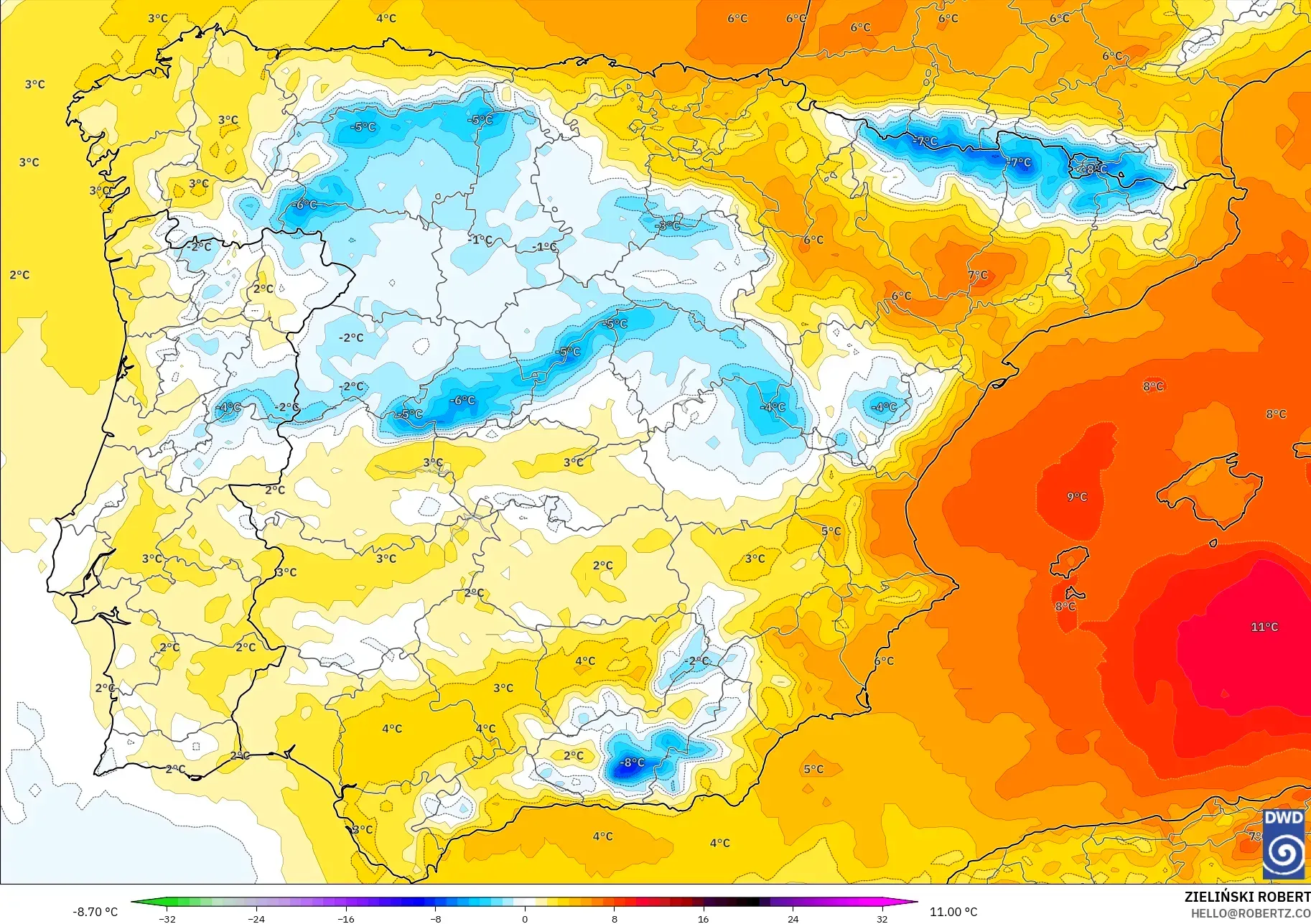 ICON model - İspanya, 850 hPa Sıcaklık Anomalisi