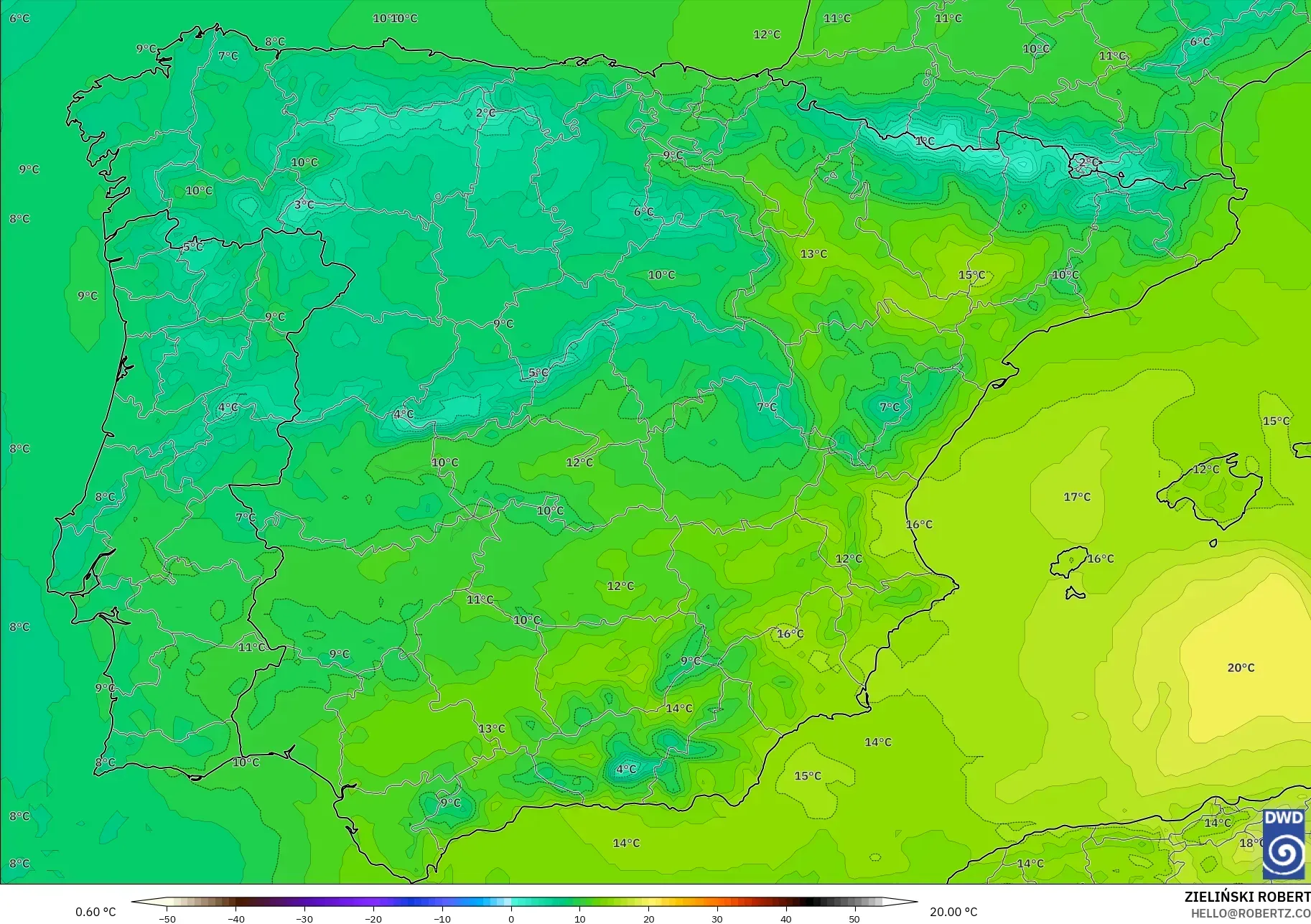 ICON model - İspanya, 850 hPa Sıcaklık