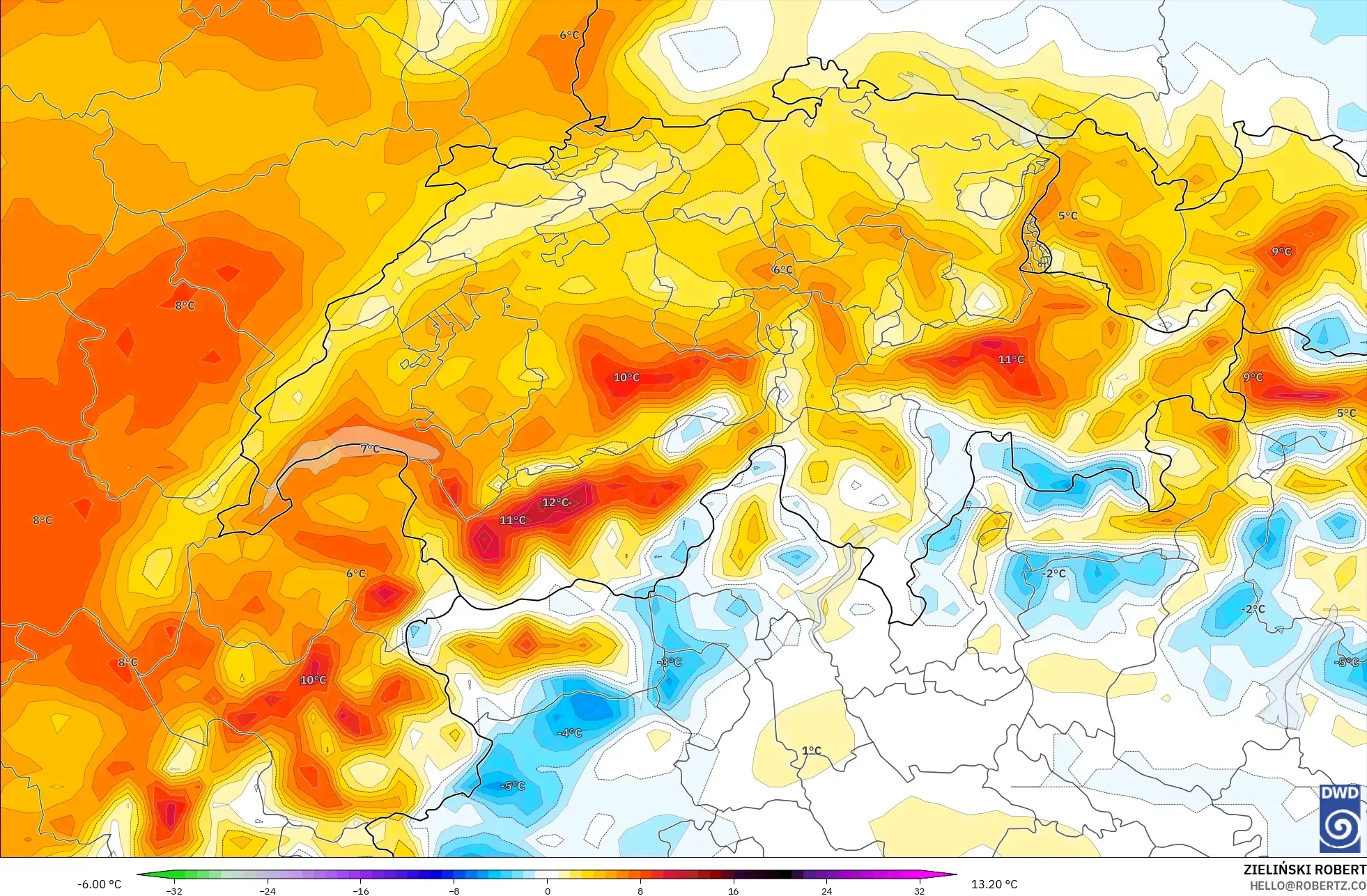 ICON model - İsviçre, 2 m Sıcaklık Anomalisi