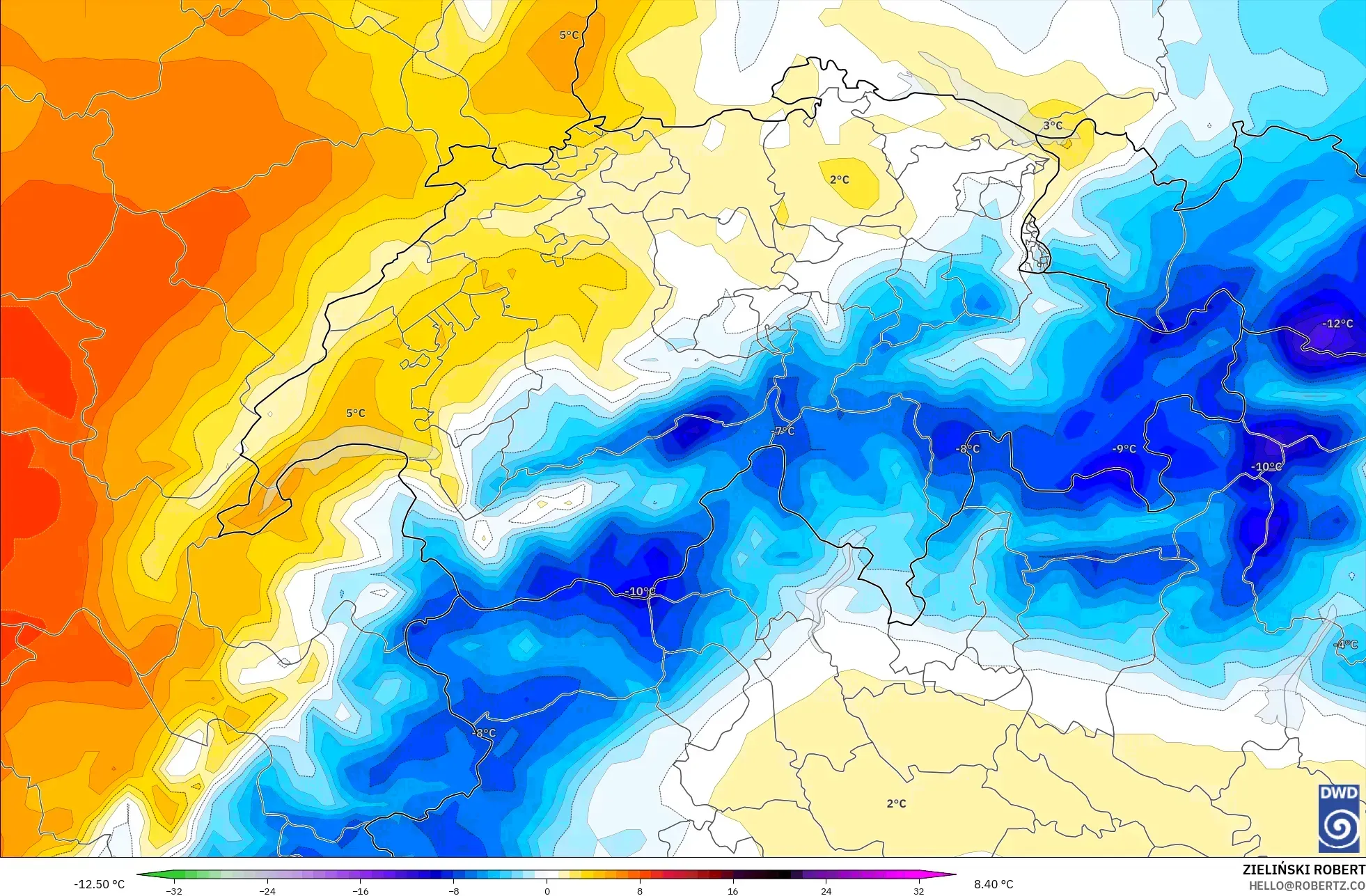 ICON model - İsviçre, 850 hPa Sıcaklık Anomalisi