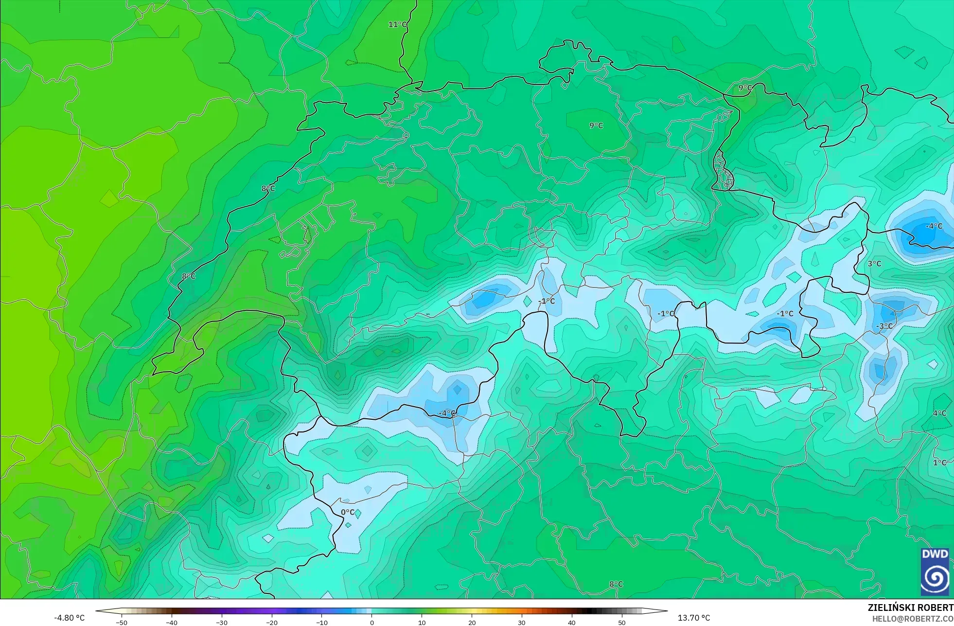 ICON model - İsviçre, 850 hPa Sıcaklık