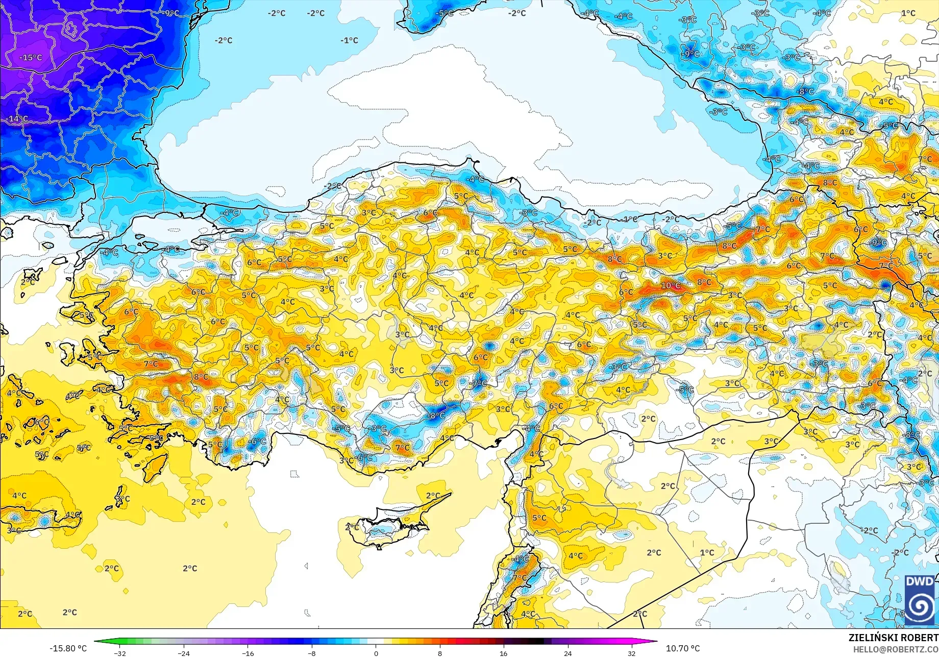 ICON model - Türkiye, 2 m Sıcaklık Anomalisi
