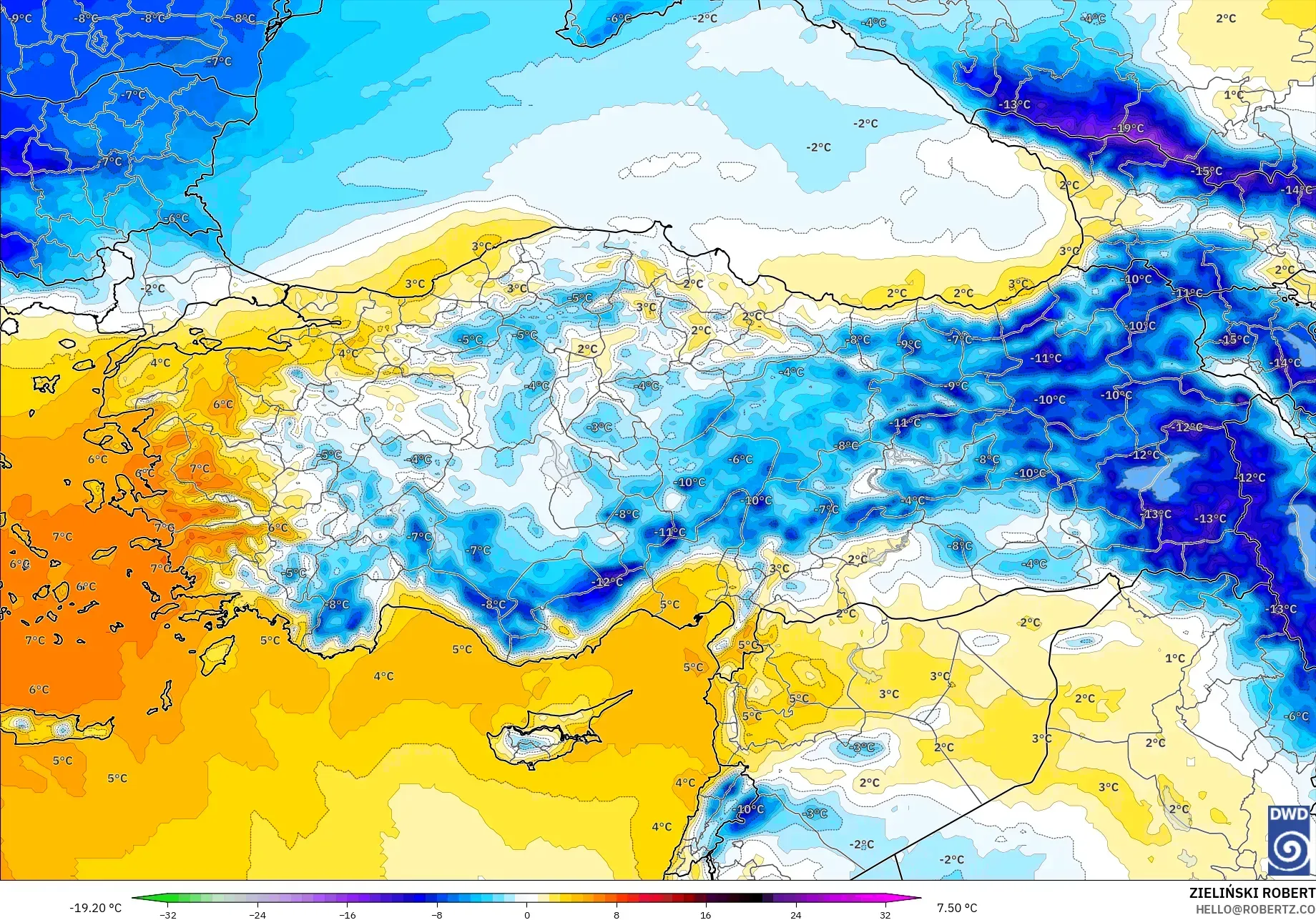 ICON model - Türkiye, 850 hPa Sıcaklık Anomalisi