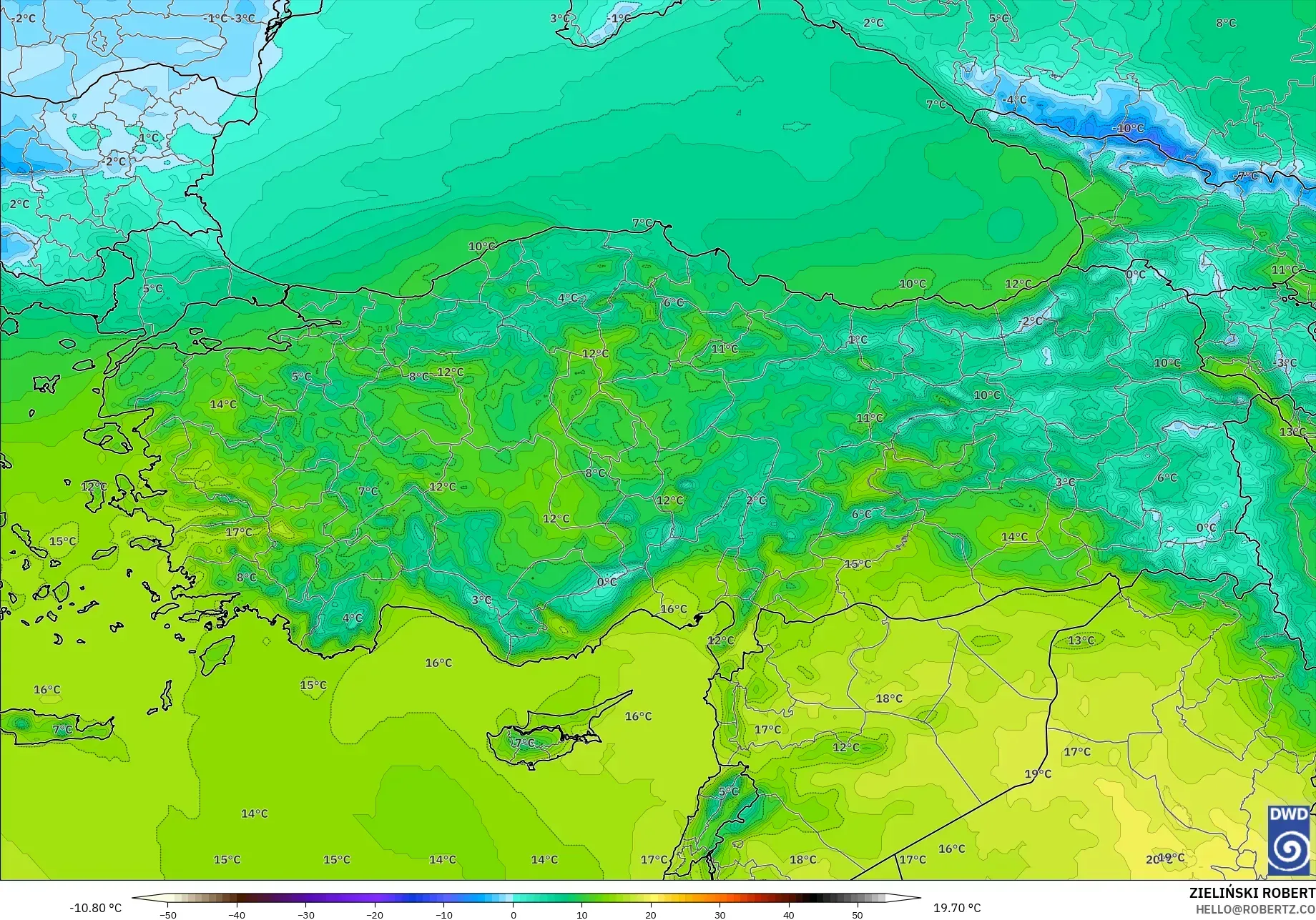 ICON model - Türkiye, 850 hPa Sıcaklık