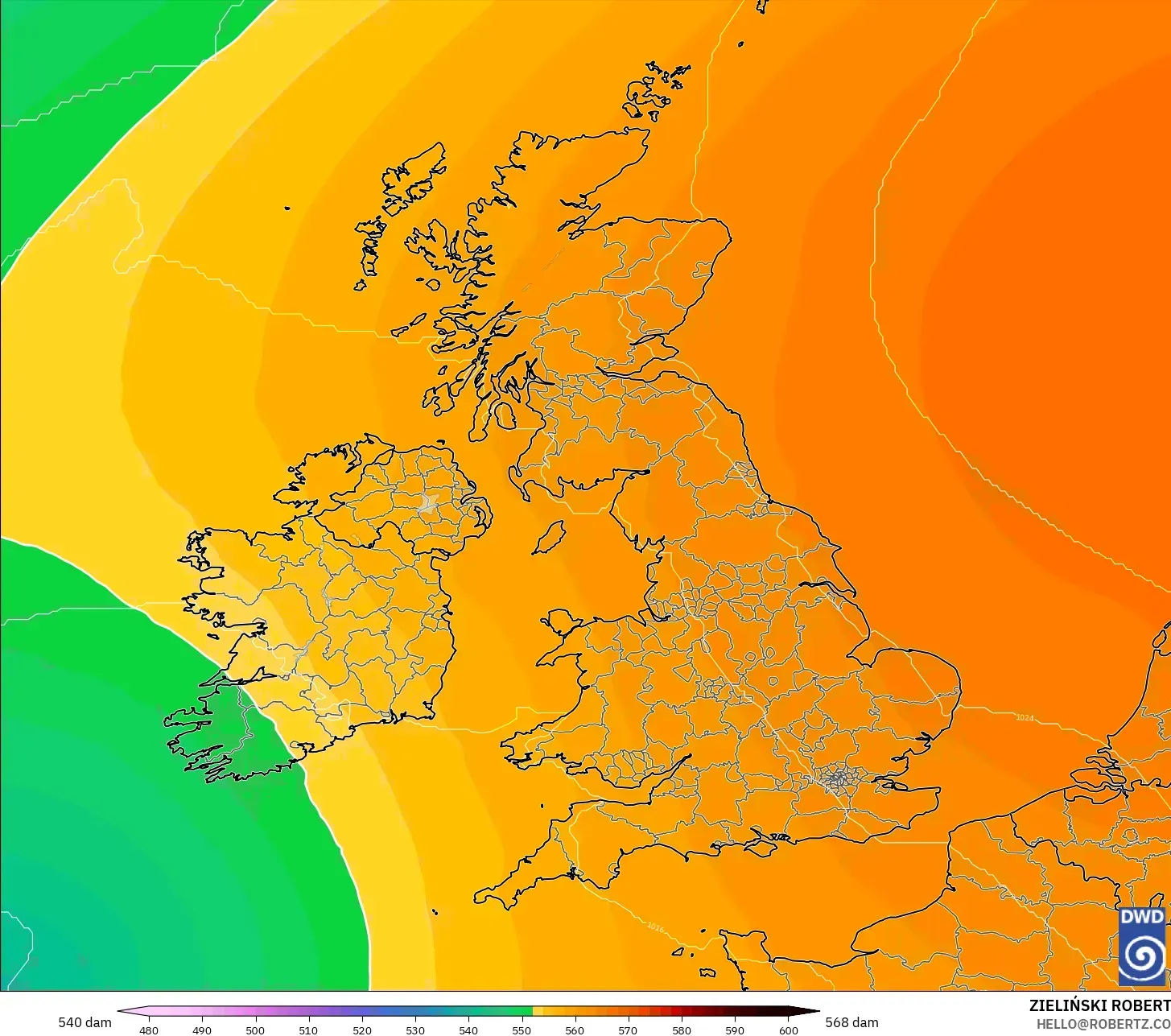 ICON model - Birleşik Krallık, 500 hPa’da jeopotansiyel yükseklik