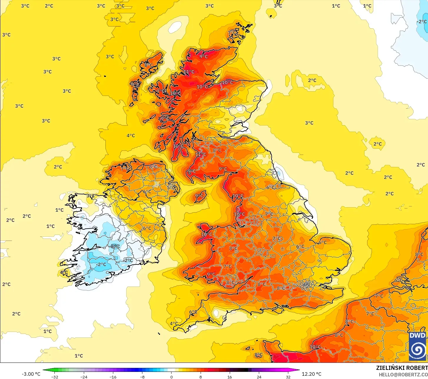 ICON model - Birleşik Krallık, 2 m Sıcaklık Anomalisi