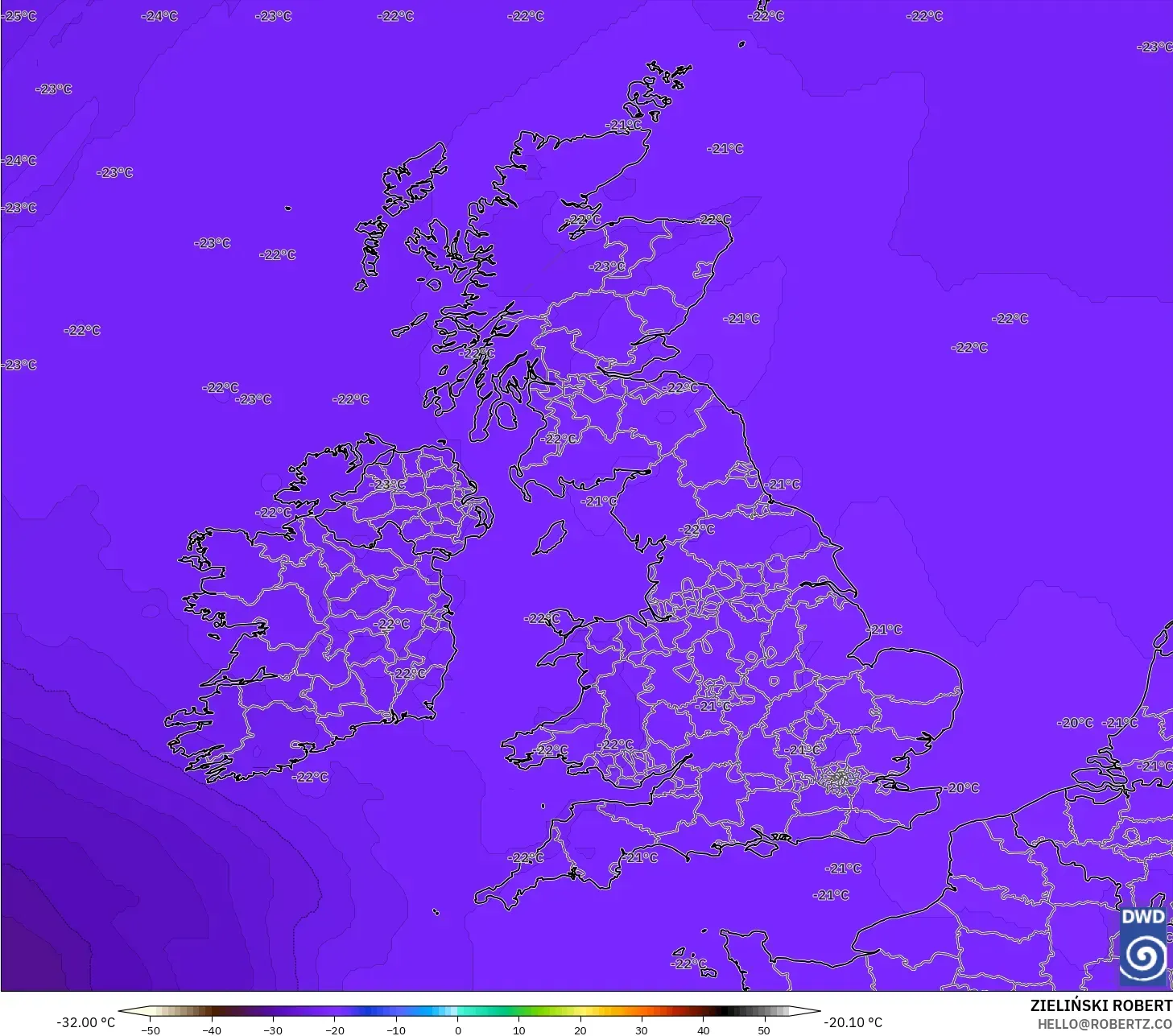 ICON model - Birleşik Krallık, 500 hPa Sıcaklık