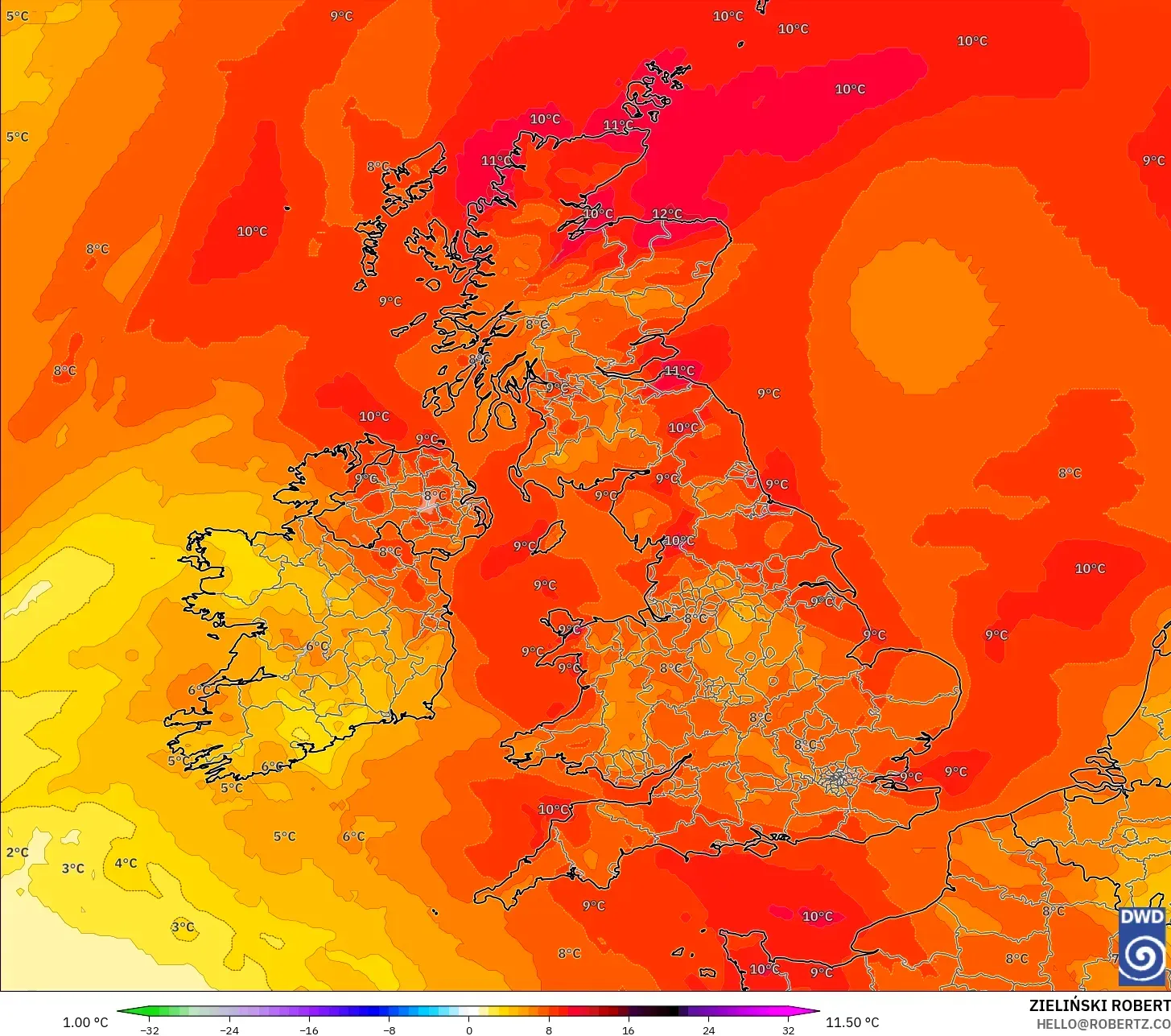 ICON model - Birleşik Krallık, 850 hPa Sıcaklık Anomalisi