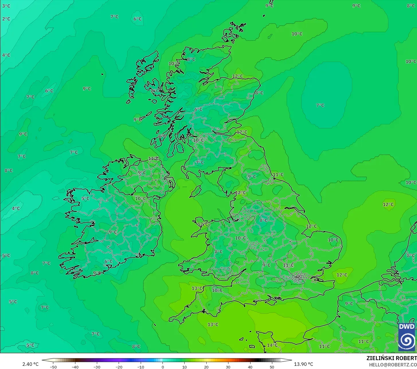 ICON model - Birleşik Krallık, 850 hPa Sıcaklık