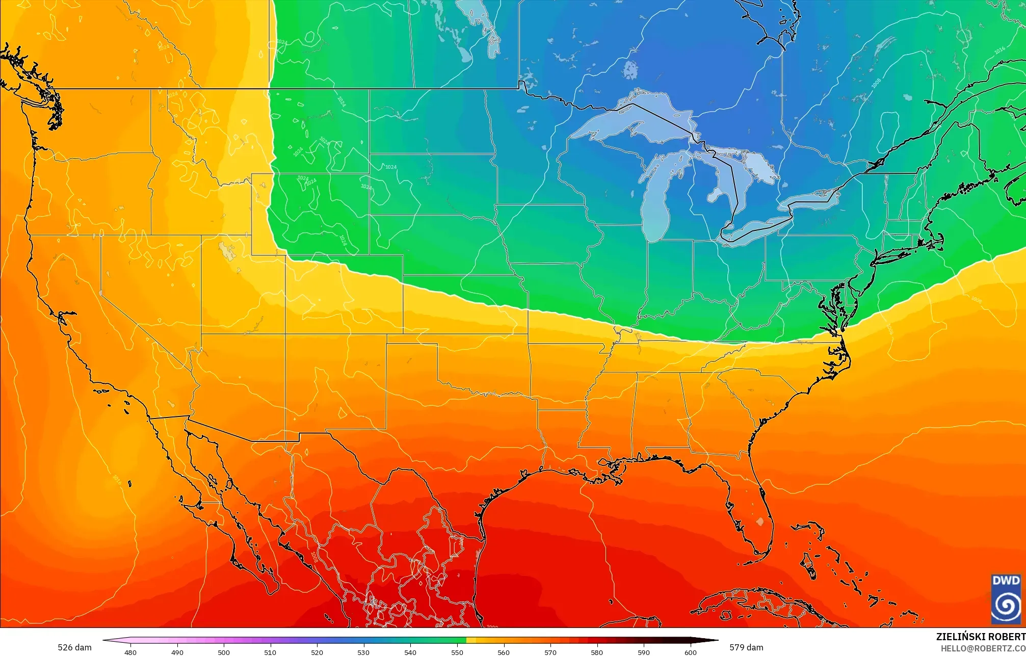 ICON model - Amerika Birleşik Devletleri, 500 hPa’da jeopotansiyel yükseklik