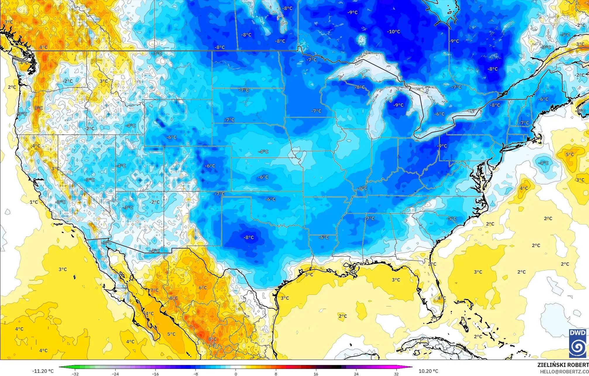 ICON model - Amerika Birleşik Devletleri, 2 m Sıcaklık Anomalisi