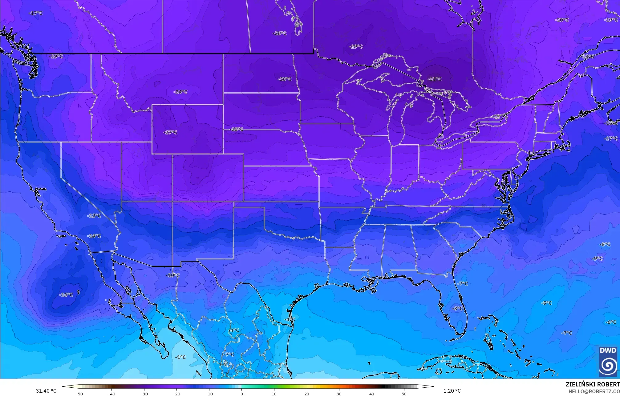 ICON model - Amerika Birleşik Devletleri, 500 hPa Sıcaklık