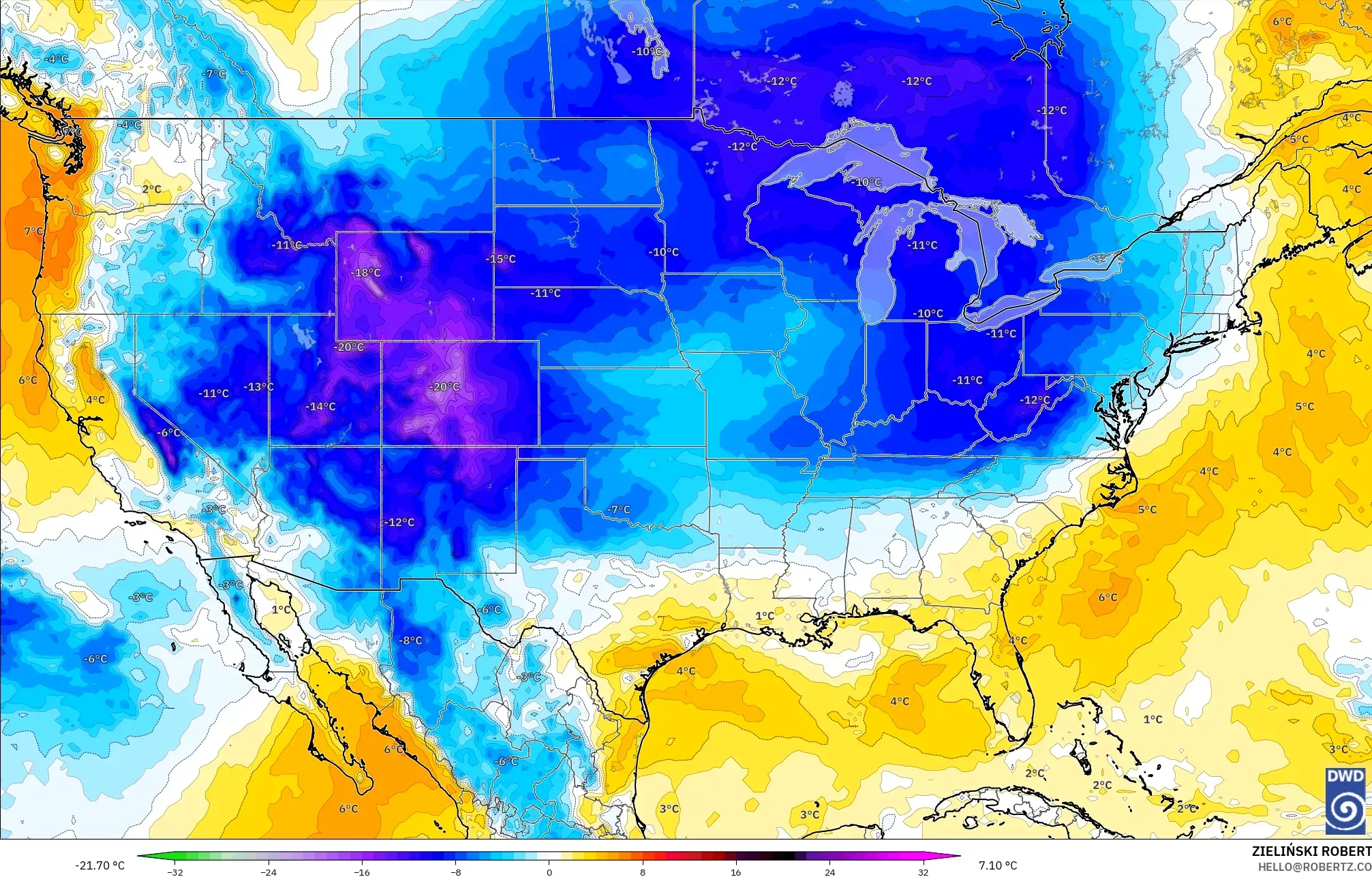 ICON model - Amerika Birleşik Devletleri, 850 hPa Sıcaklık Anomalisi