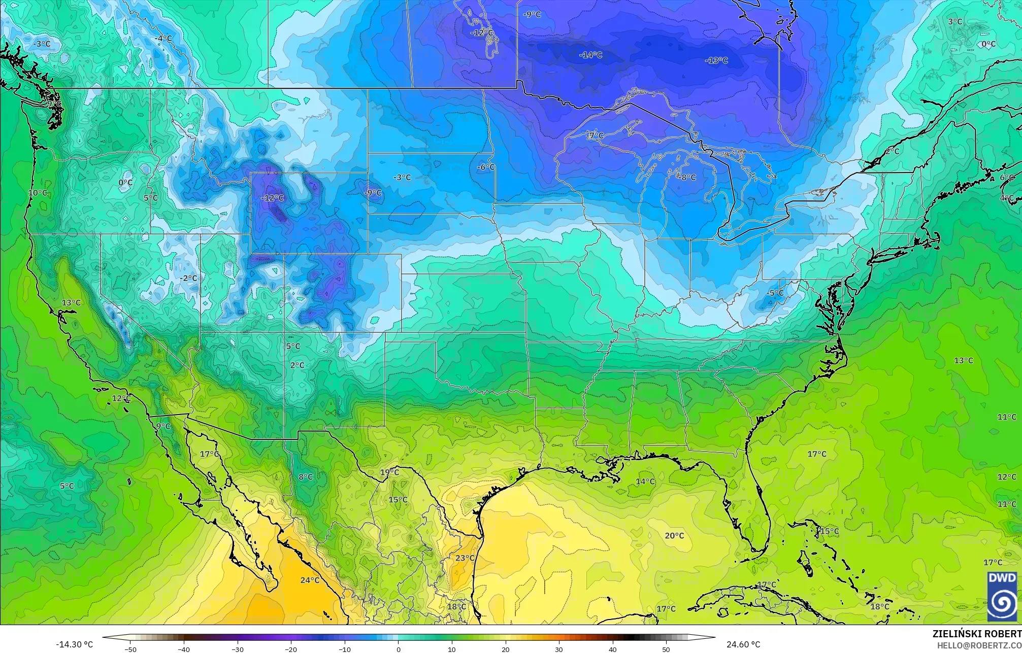 ICON model - Amerika Birleşik Devletleri, 850 hPa Sıcaklık
