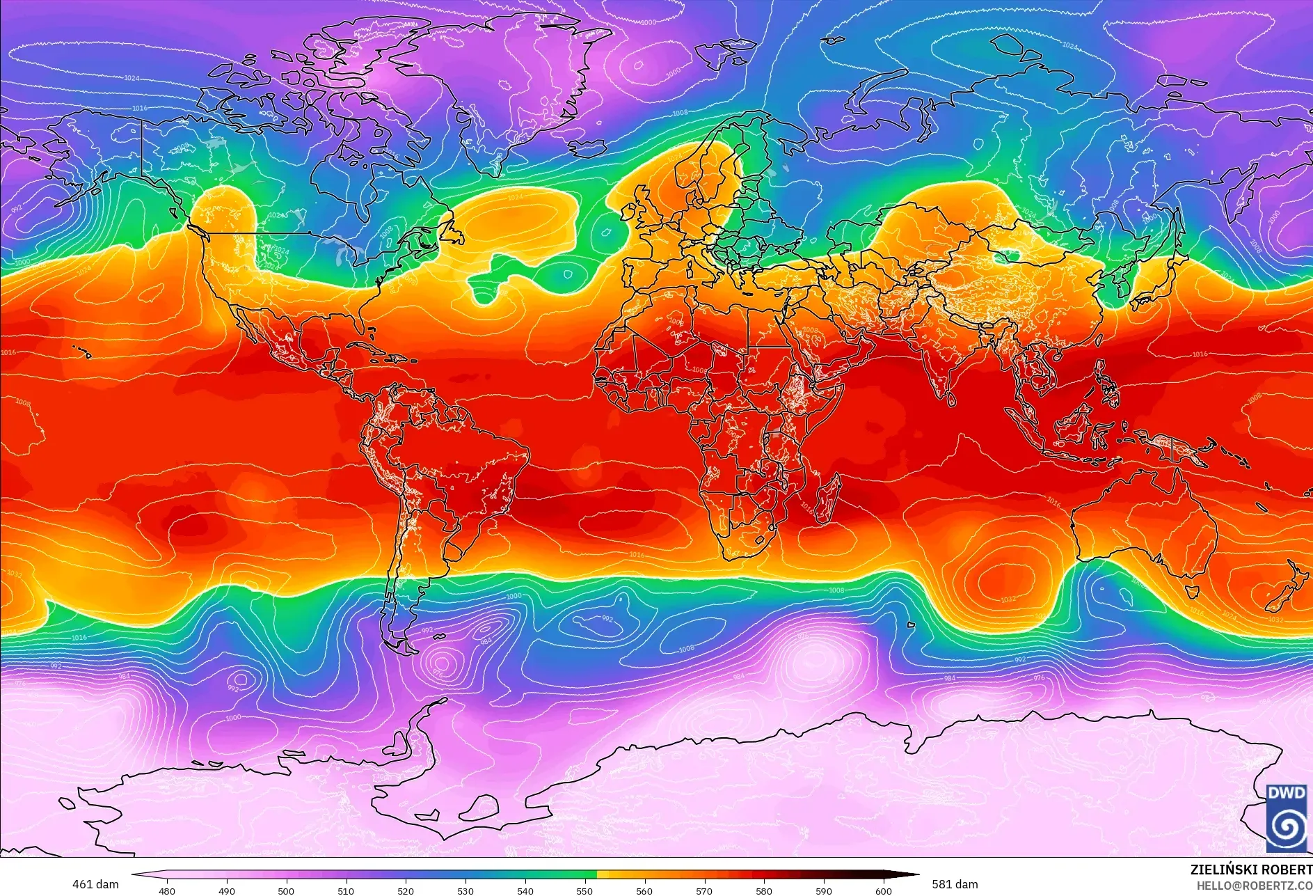 ICON model - Dünya, 500 hPa’da jeopotansiyel yükseklik