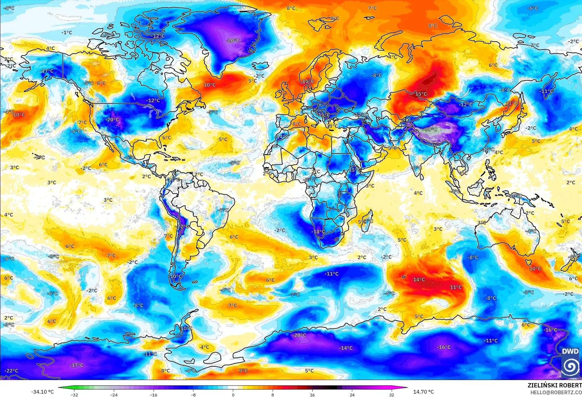 ICON model - Dünya, 850 hPa Sıcaklık Anomalisi