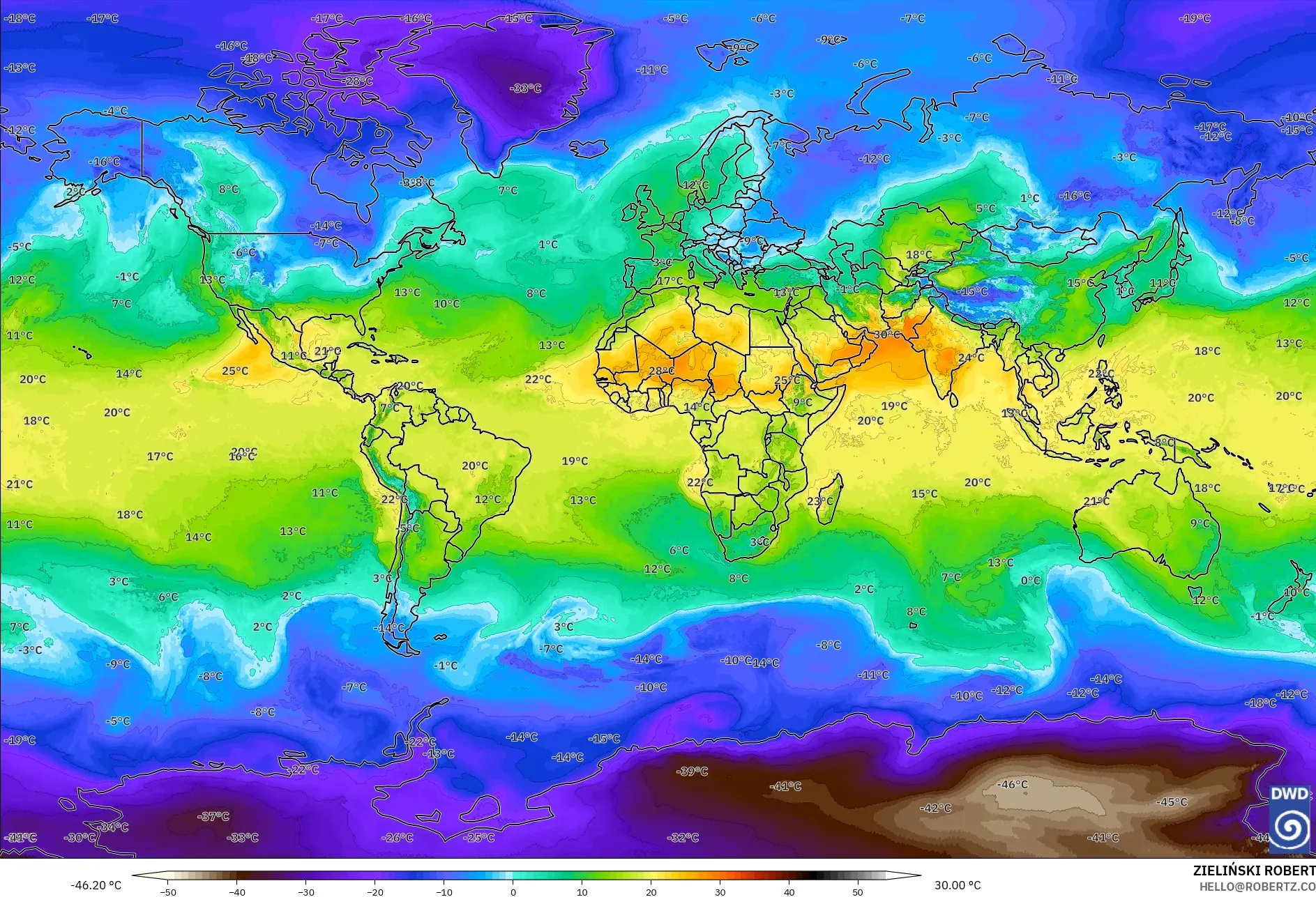 ICON model - Dünya, 850 hPa Sıcaklık