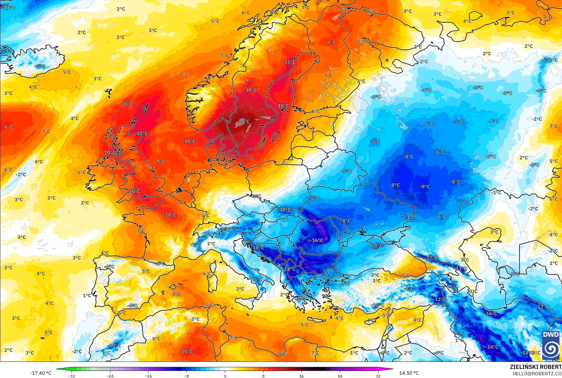ICON model - Avrupa, 850 hPa Sıcaklık Anomalisi