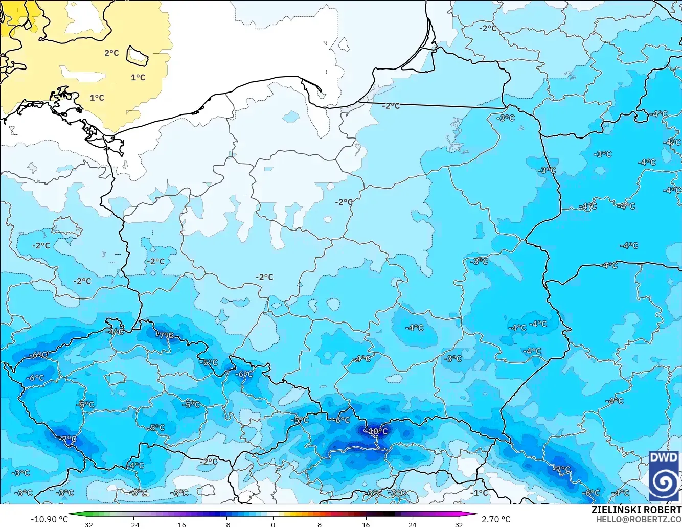 ICON model - Polonya, 850 hPa Sıcaklık Anomalisi