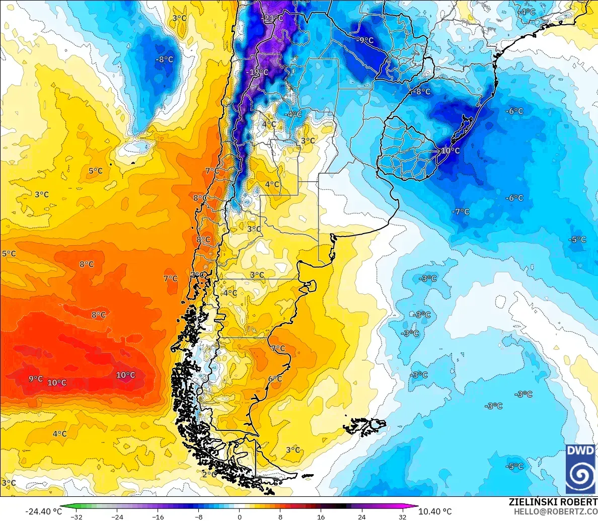 ICON model - Arjantin, 850 hPa Sıcaklık Anomalisi