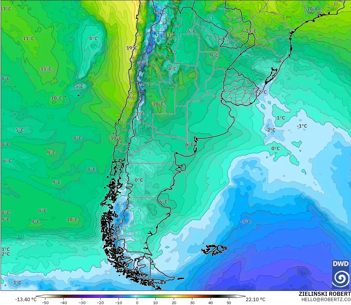 ICON model - Arjantin, 850 hPa Sıcaklık