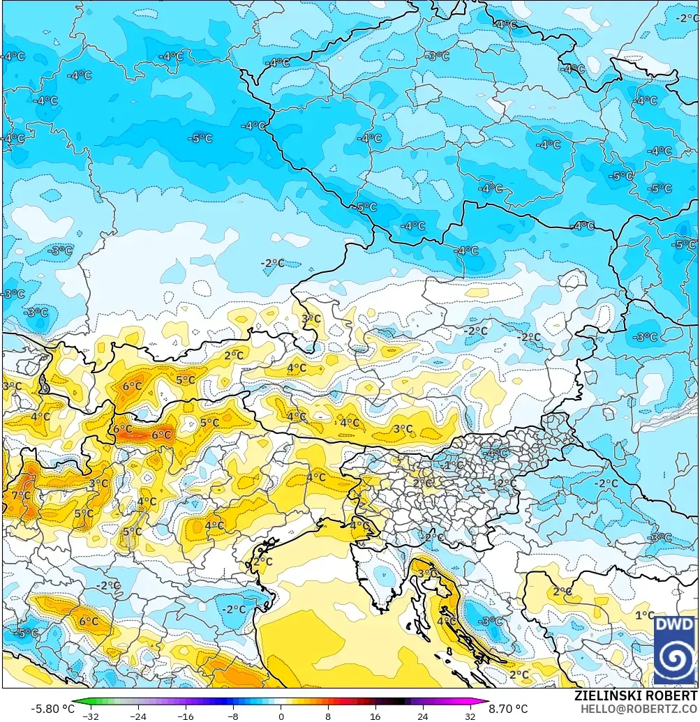 ICON model - Avusturya, 2 m Sıcaklık Anomalisi
