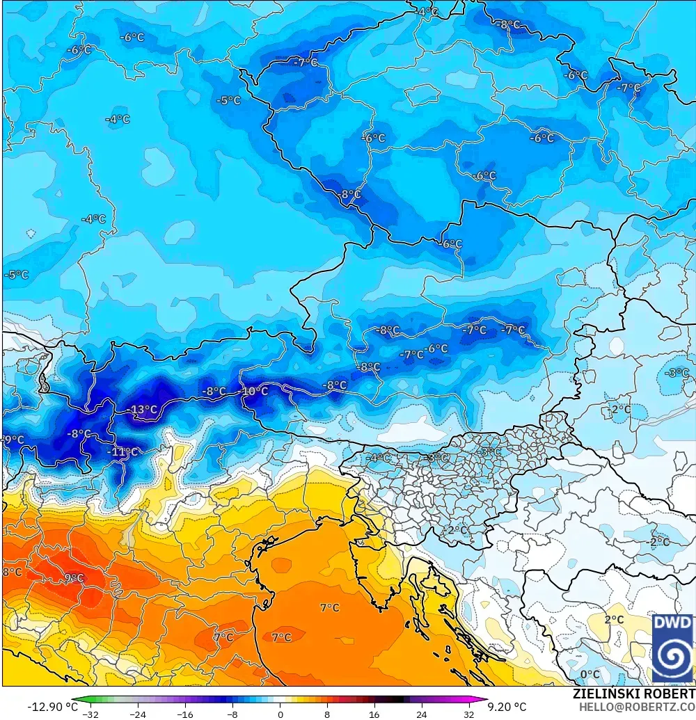 ICON model - Avusturya, 850 hPa Sıcaklık Anomalisi