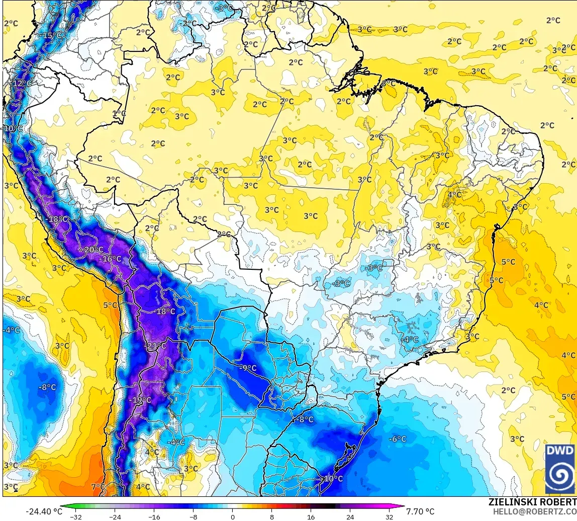 ICON model - Brezilya, 850 hPa Sıcaklık Anomalisi