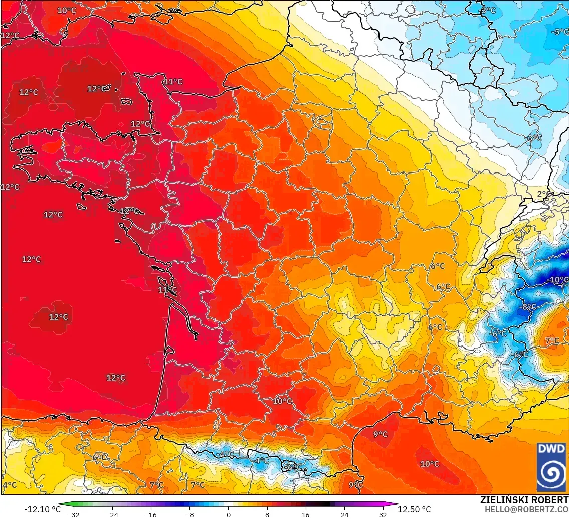 ICON model - Fransa, 850 hPa Sıcaklık Anomalisi