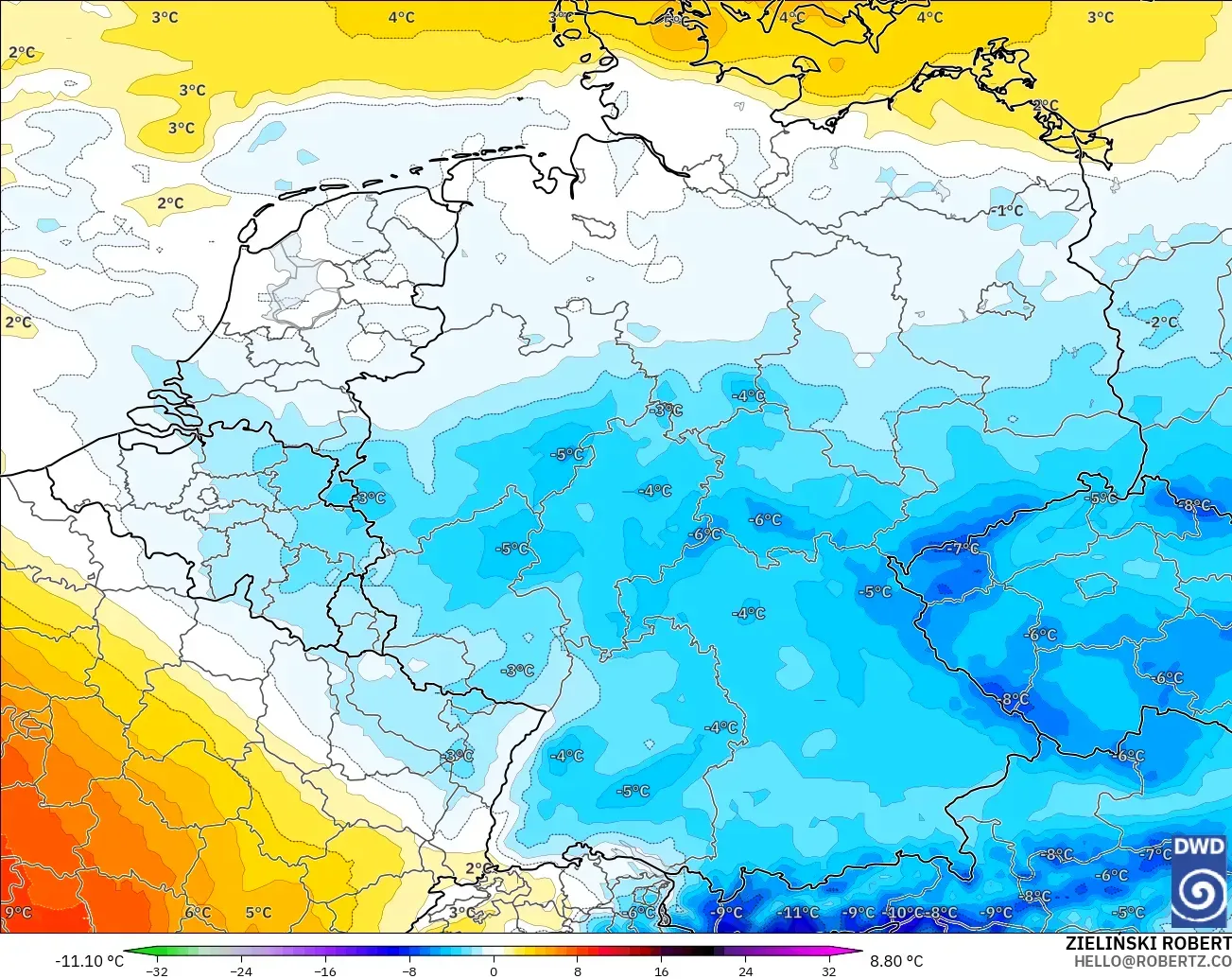 ICON model - Almanya, 850 hPa Sıcaklık Anomalisi