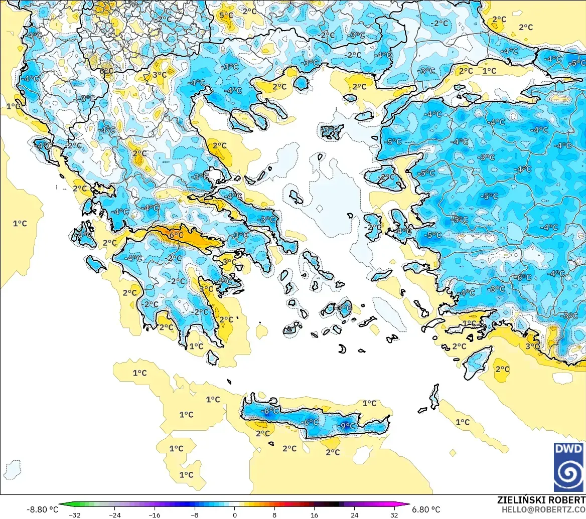 ICON model - Yunanistan, 2 m Sıcaklık Anomalisi