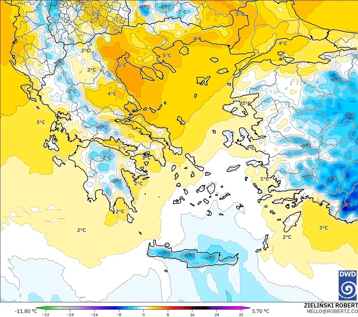 ICON model - Yunanistan, 850 hPa Sıcaklık Anomalisi