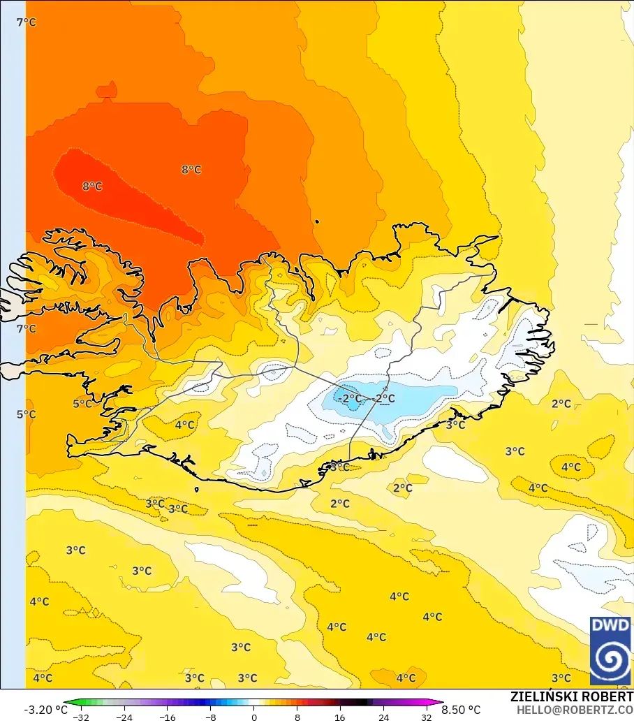 ICON model - İzlanda, 850 hPa Sıcaklık Anomalisi