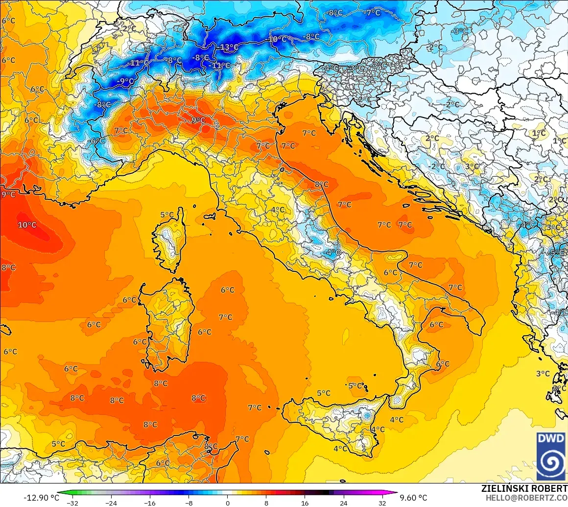 ICON model - İtalya, 850 hPa Sıcaklık Anomalisi