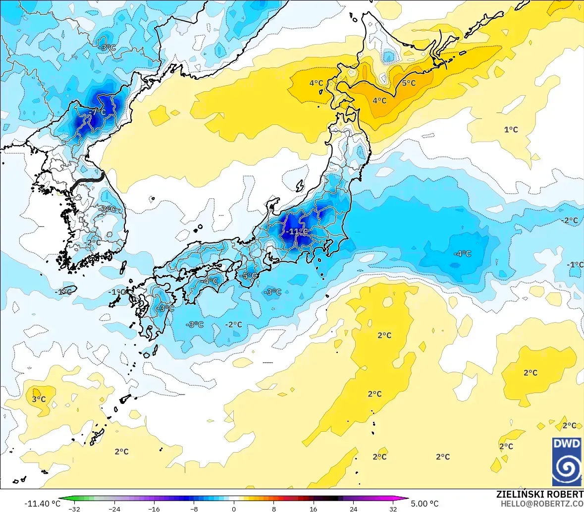 ICON model - Japonya, 850 hPa Sıcaklık Anomalisi