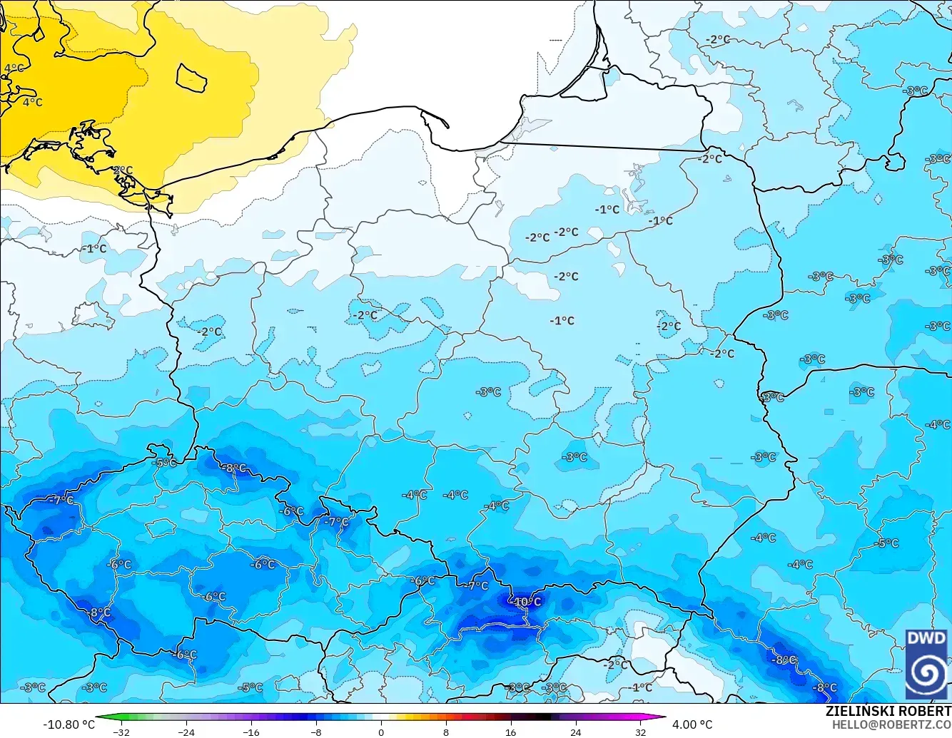 ICON model - Polonya, 850 hPa Sıcaklık Anomalisi