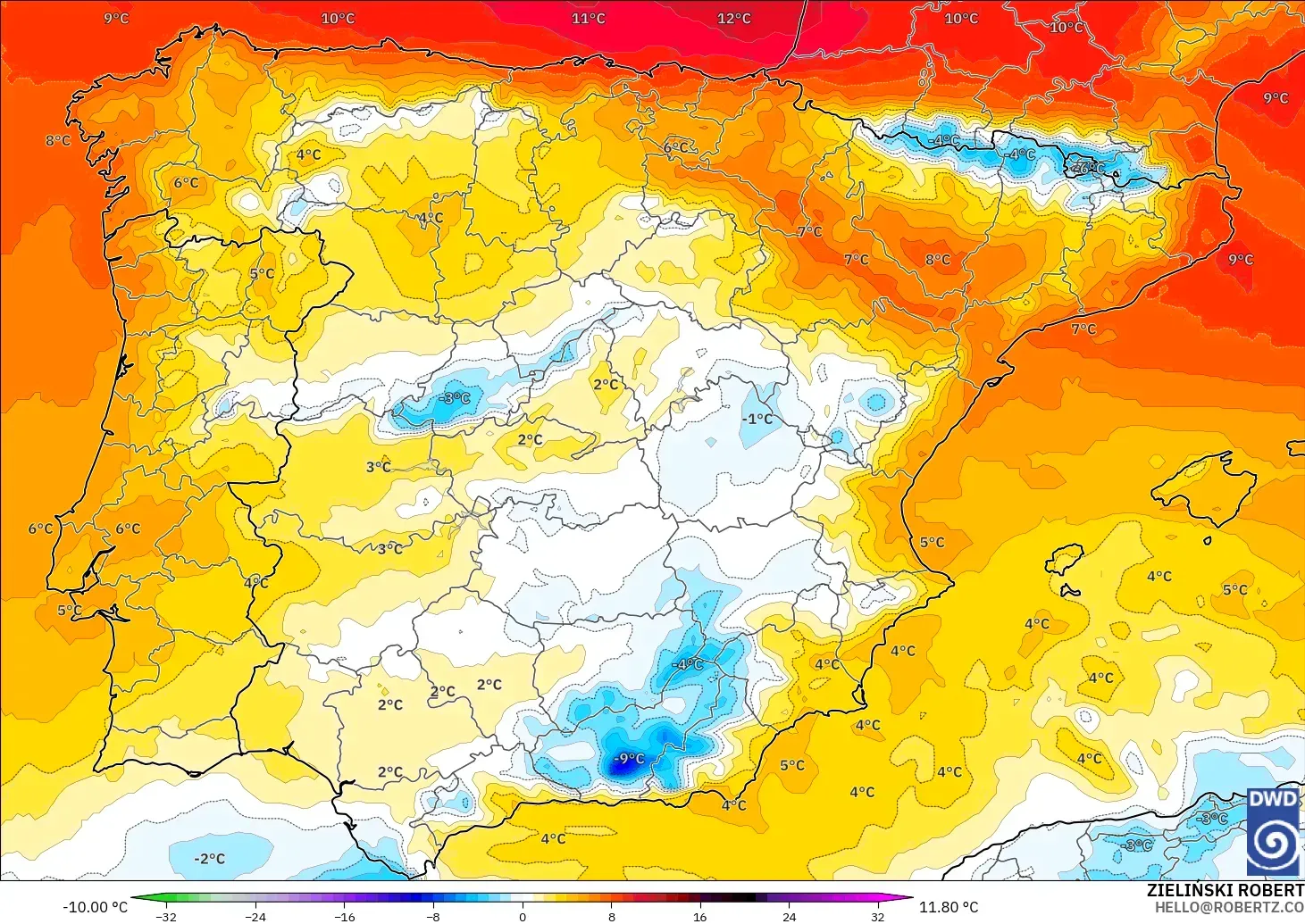 ICON model - İspanya, 850 hPa Sıcaklık Anomalisi
