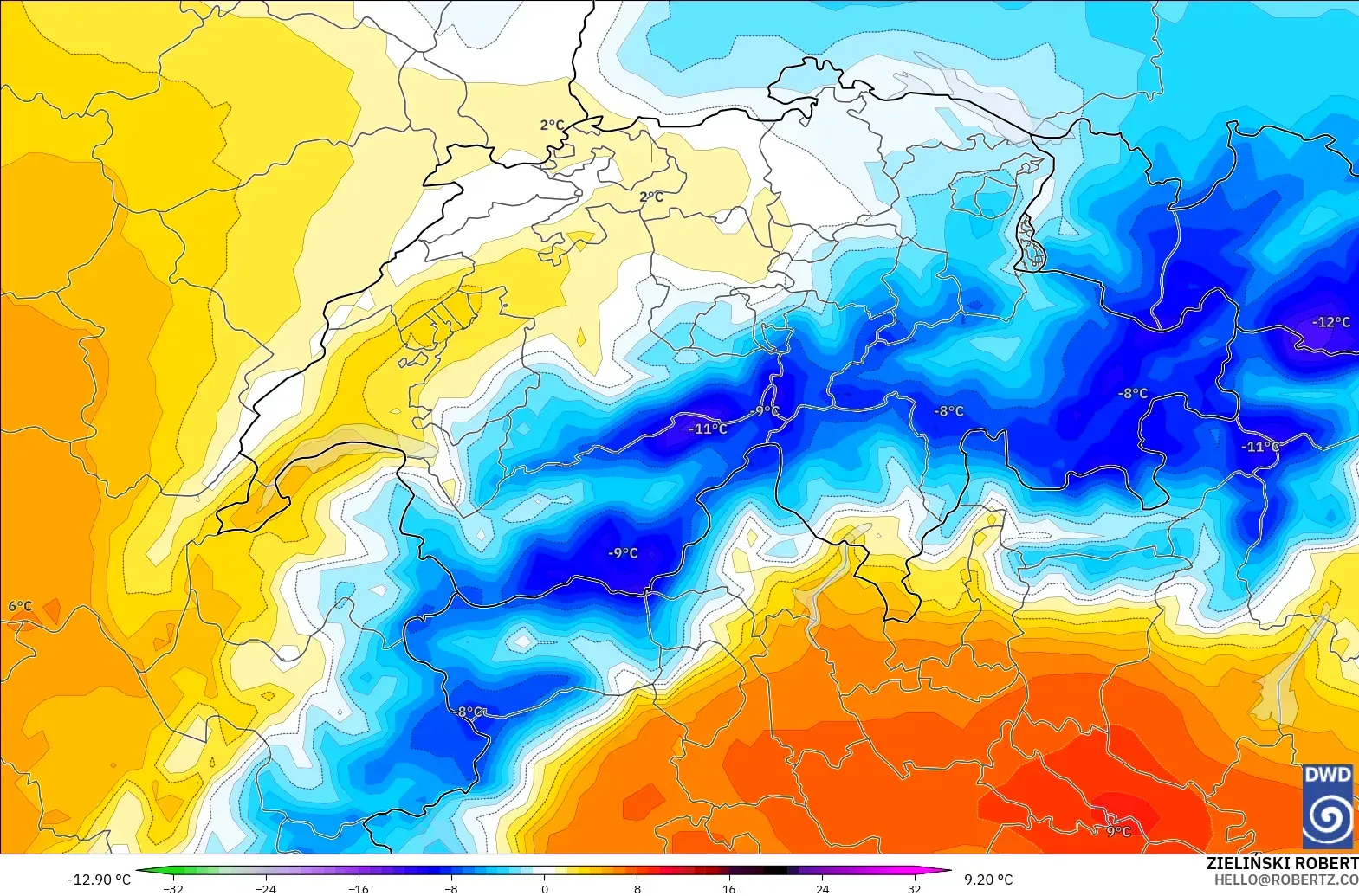 ICON model - İsviçre, 850 hPa Sıcaklık Anomalisi
