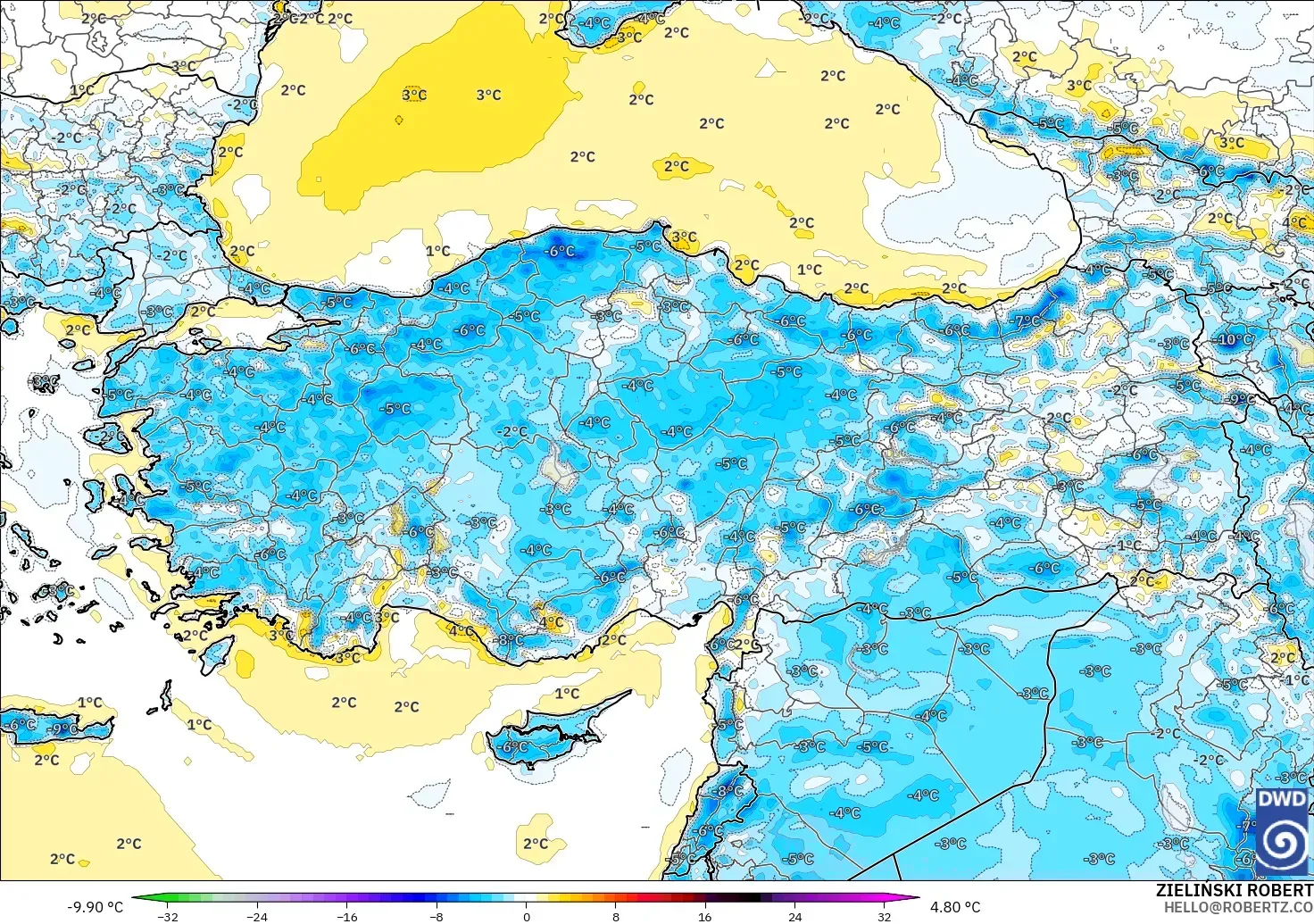 ICON model - Türkiye, 2 m Sıcaklık Anomalisi