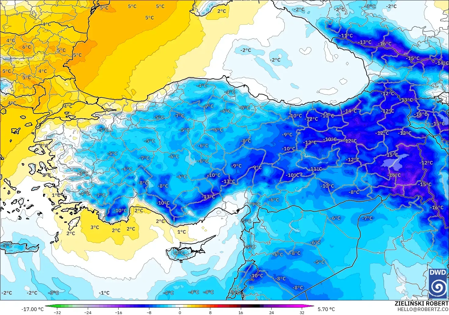 ICON model - Türkiye, 850 hPa Sıcaklık Anomalisi
