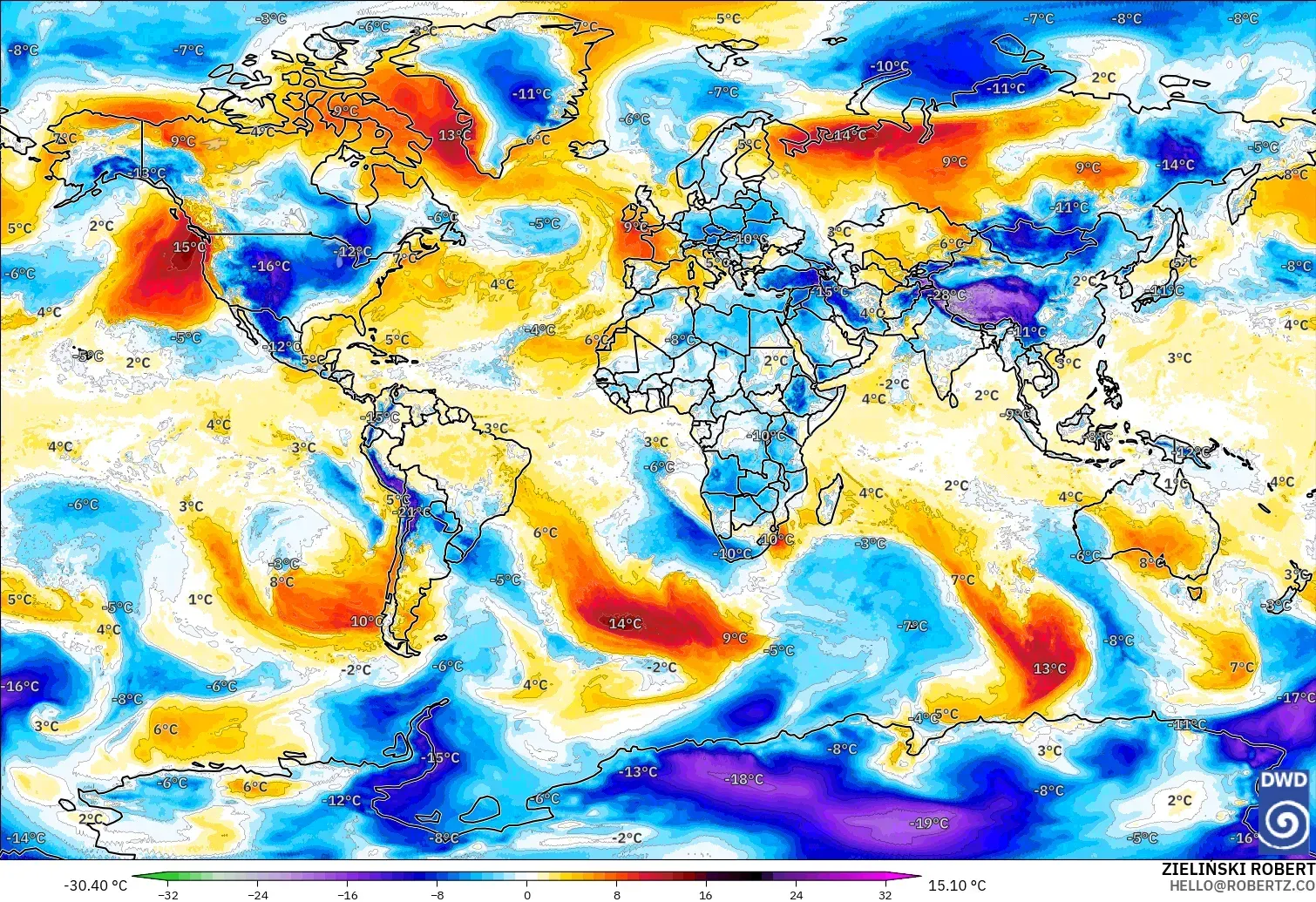 ICON model - Dünya, 850 hPa Sıcaklık Anomalisi