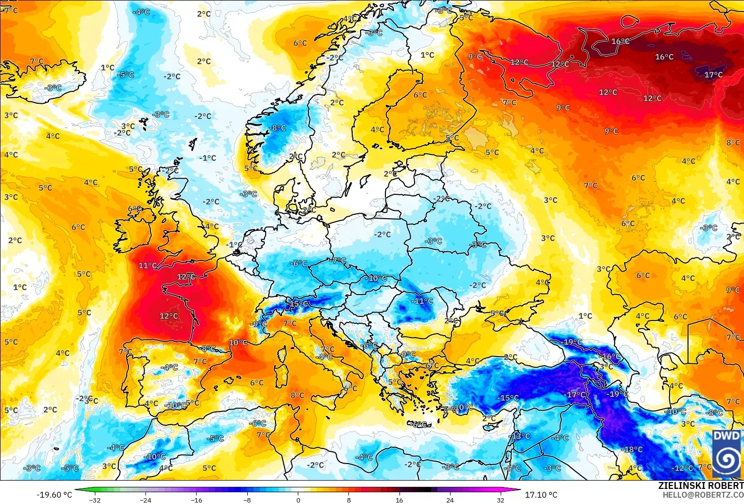ICON model - Avrupa, 850 hPa Sıcaklık Anomalisi