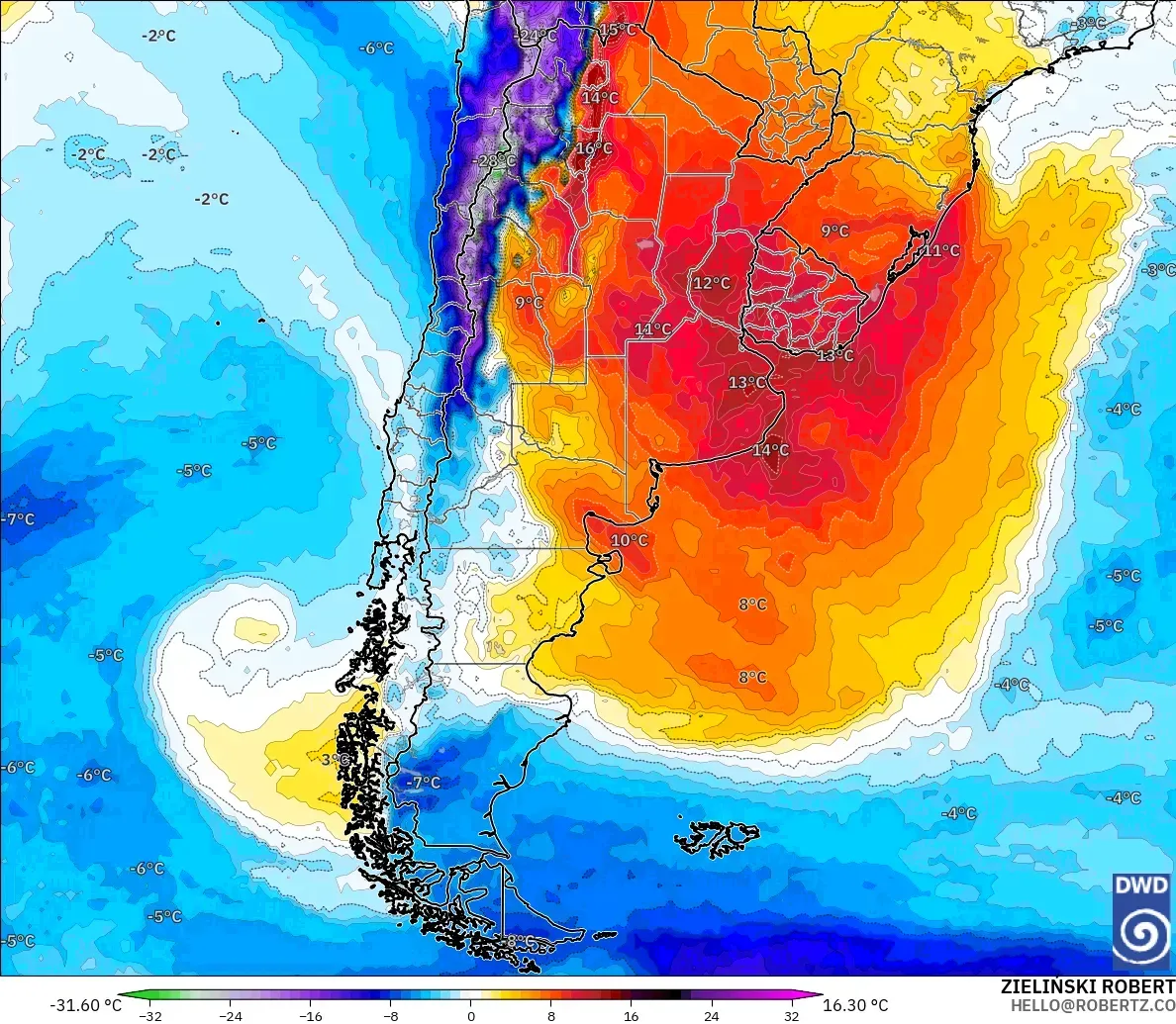 ICON model - Arjantin, 850 hPa Sıcaklık Anomalisi