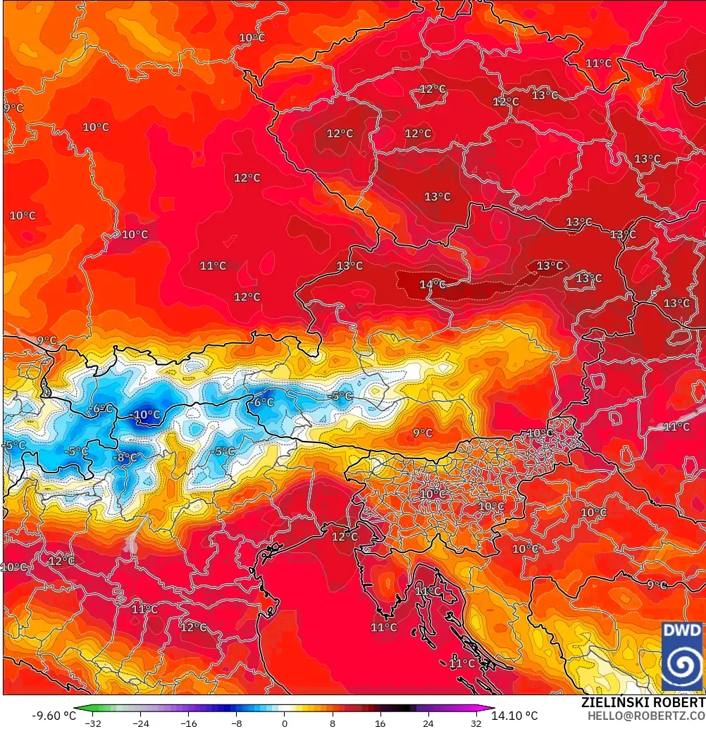 ICON model - Avusturya, 850 hPa Sıcaklık Anomalisi