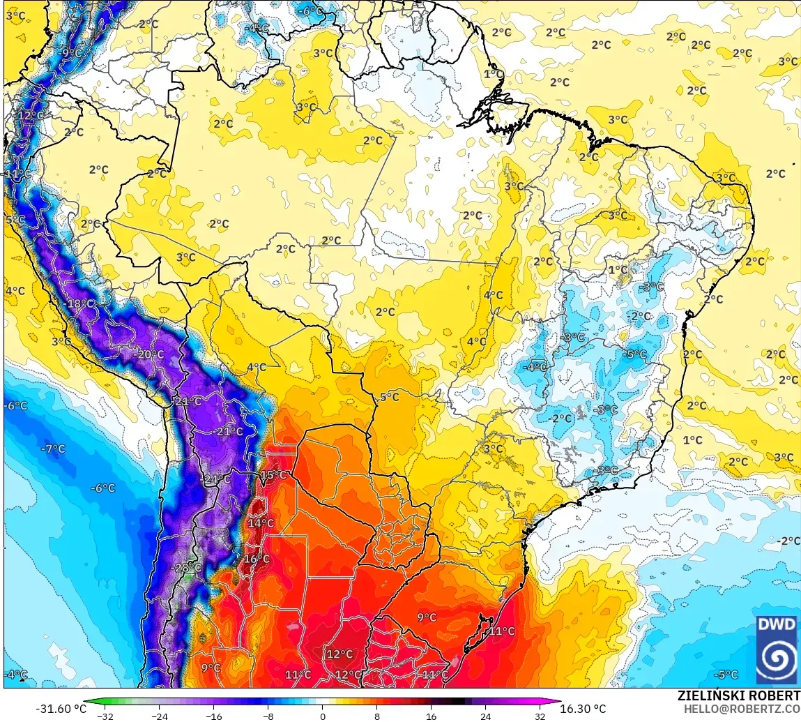 ICON model - Brezilya, 850 hPa Sıcaklık Anomalisi