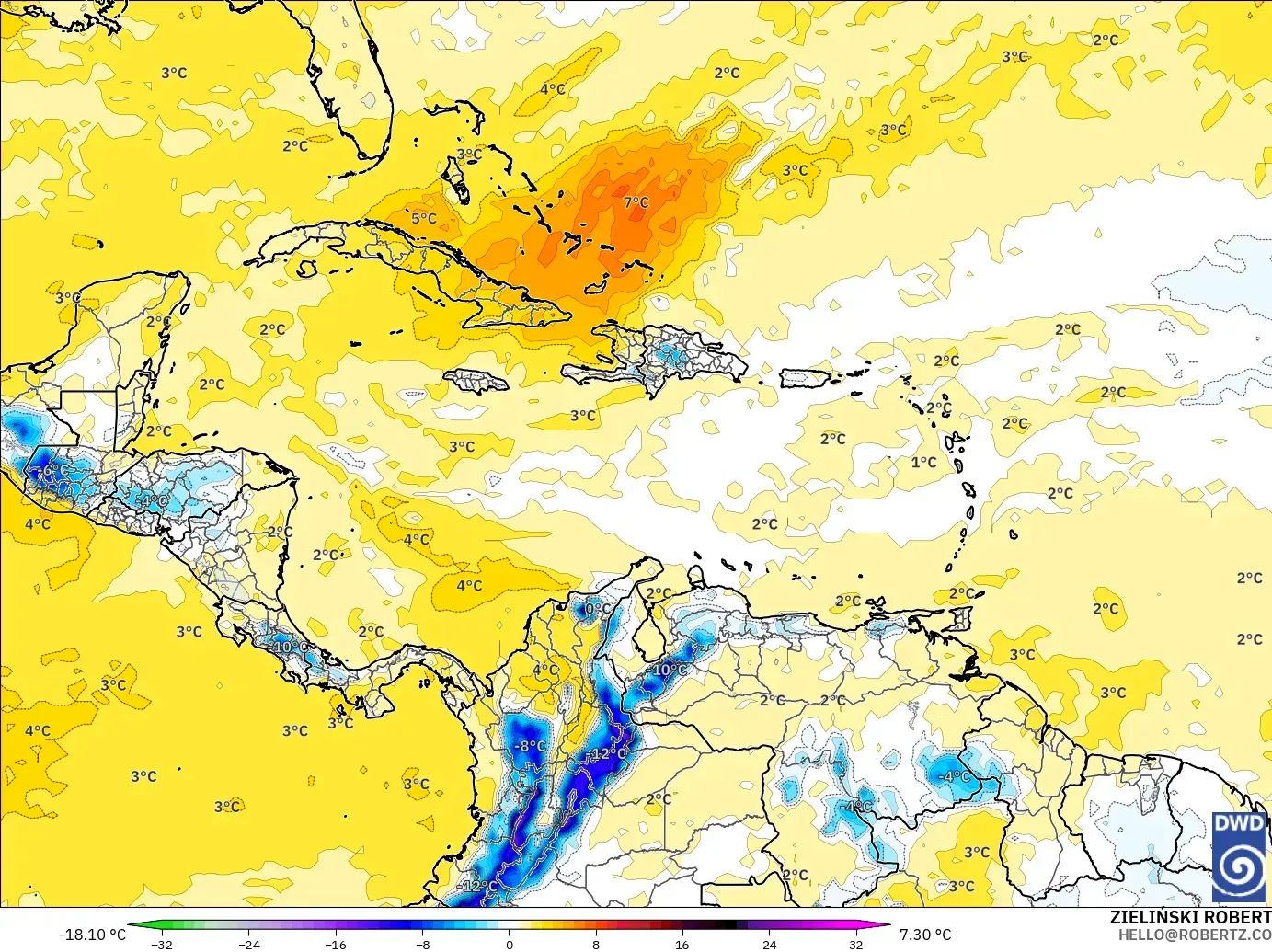 ICON model - Karayipler, 850 hPa Sıcaklık Anomalisi